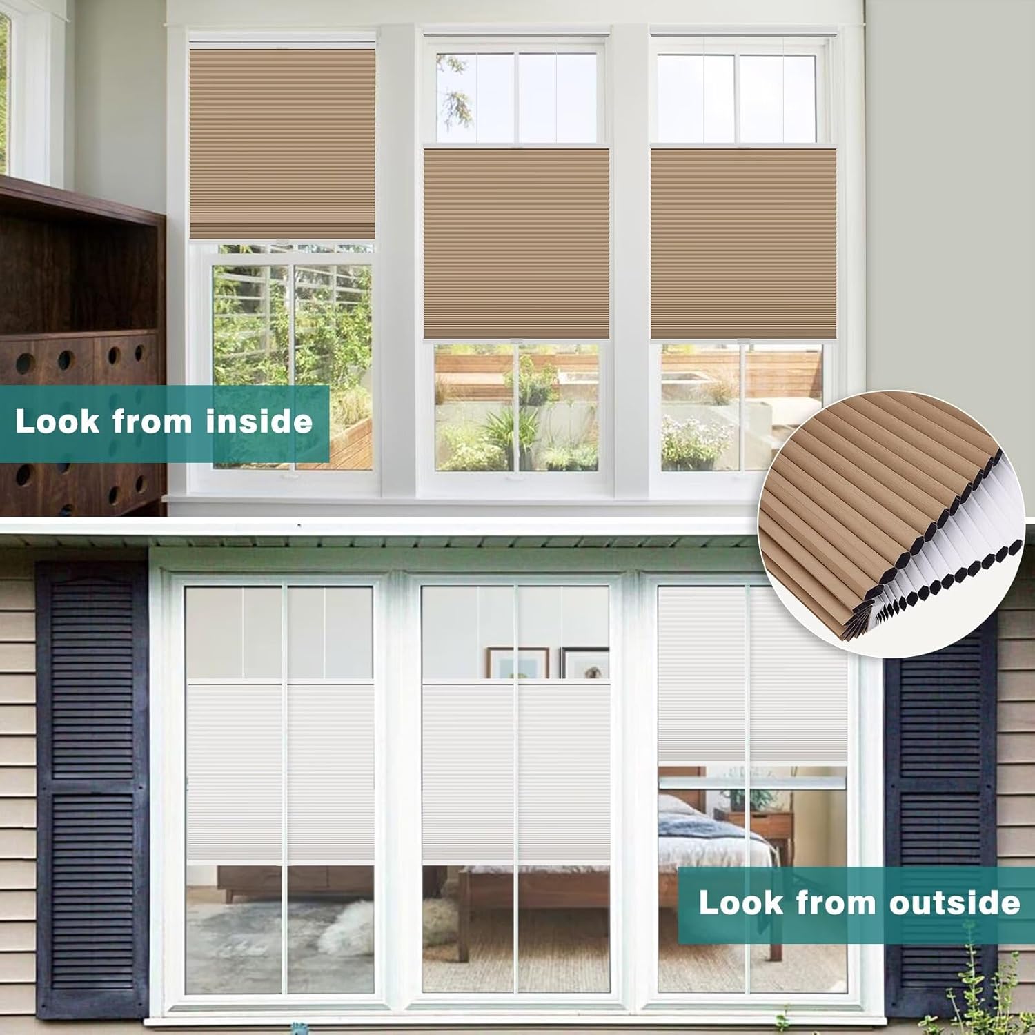 Changshade Custom Top Down Bottom Up Cellular Shades, Light Filtering Cordless Blinds for Indoor Windows, Pull Down Honeycomb Blinds Easy to Install, Brown