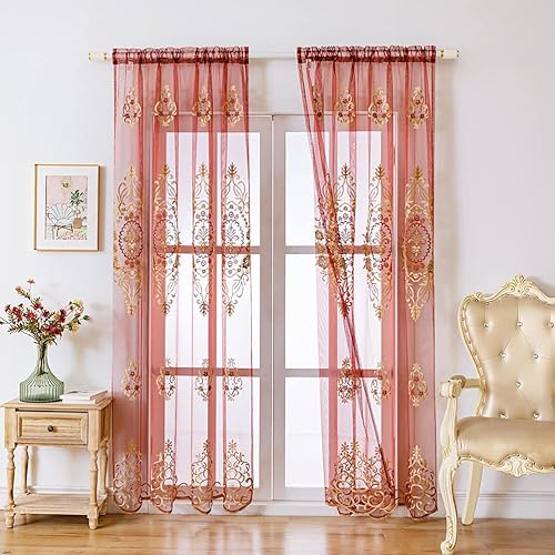 ELKCA Cortinas transparentes bordadas de color rojo burdeos para sala de estar, juego de cortinas florales para dormitorio, bolsillo para barra, 52