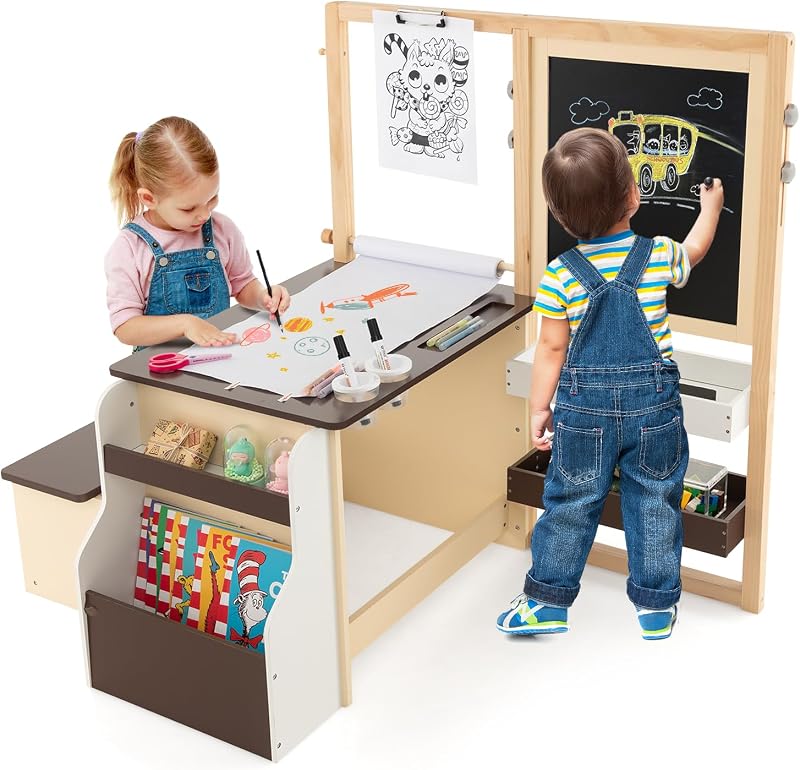 Easel for Kids, Wooden Art Center with Double-Sided Blackboard & Whiteboard, Paper Roll for Drawing, Crafts, Writing, Toddler Activity Table with Storage, Kids Table and Chair Set (Brown)