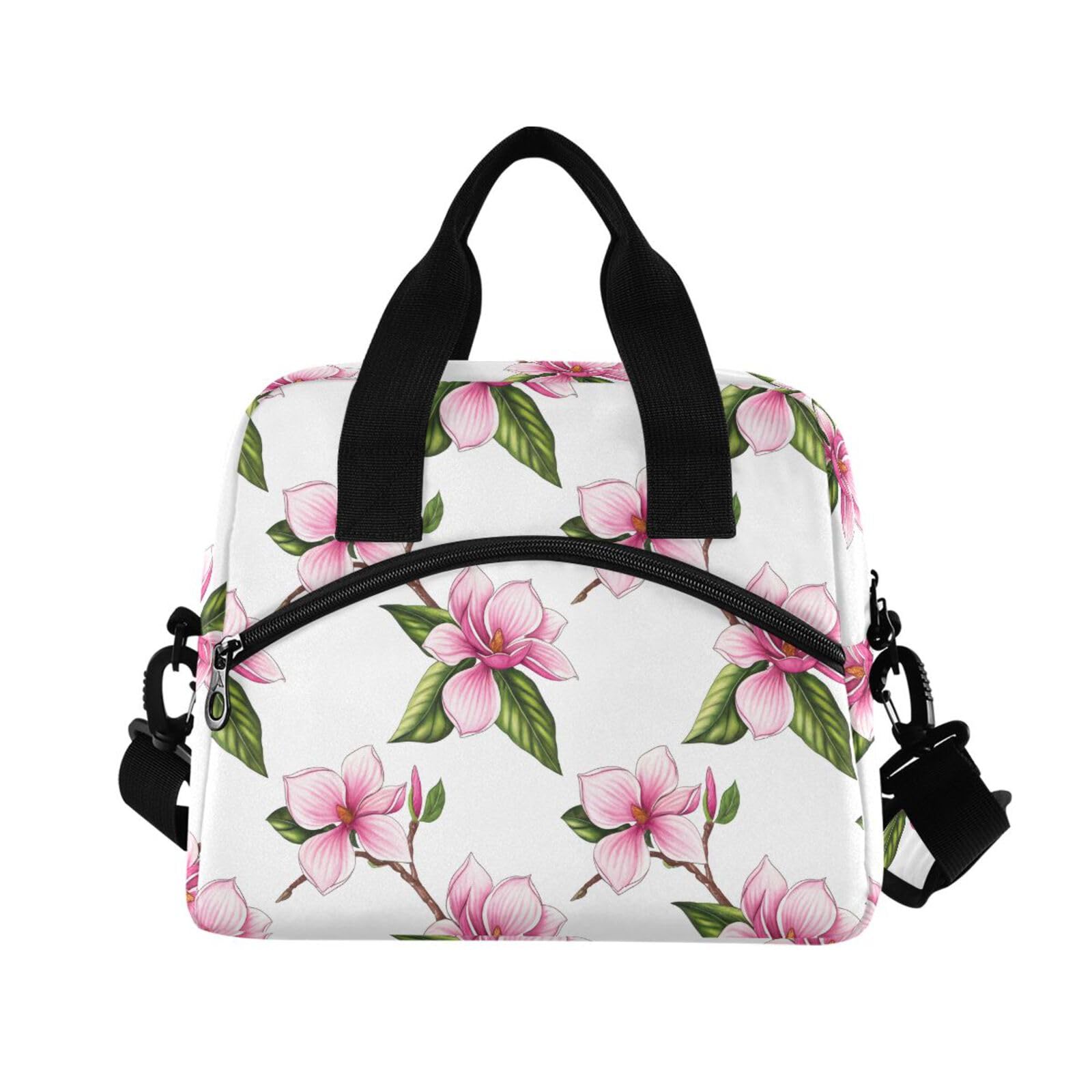 Sinestour Insulated Lunch Bag Reusable Cooler Flower Leaves Branch White Lunch Box Adjustable Shoulder Strap for Adults Men Women
