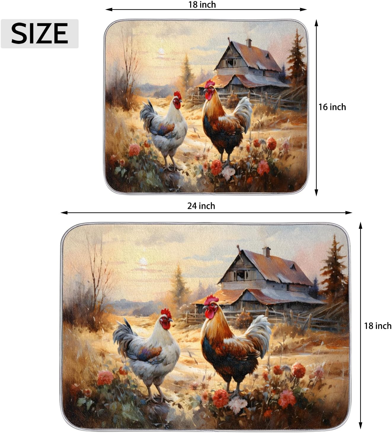 Honeybaby Dish Drying Mat Rooster Hen Chickens Dish Drying Mats for Kitchen Counter Absorbent Kitchen Drying Mat Dish Rack Mat 18x24 inches