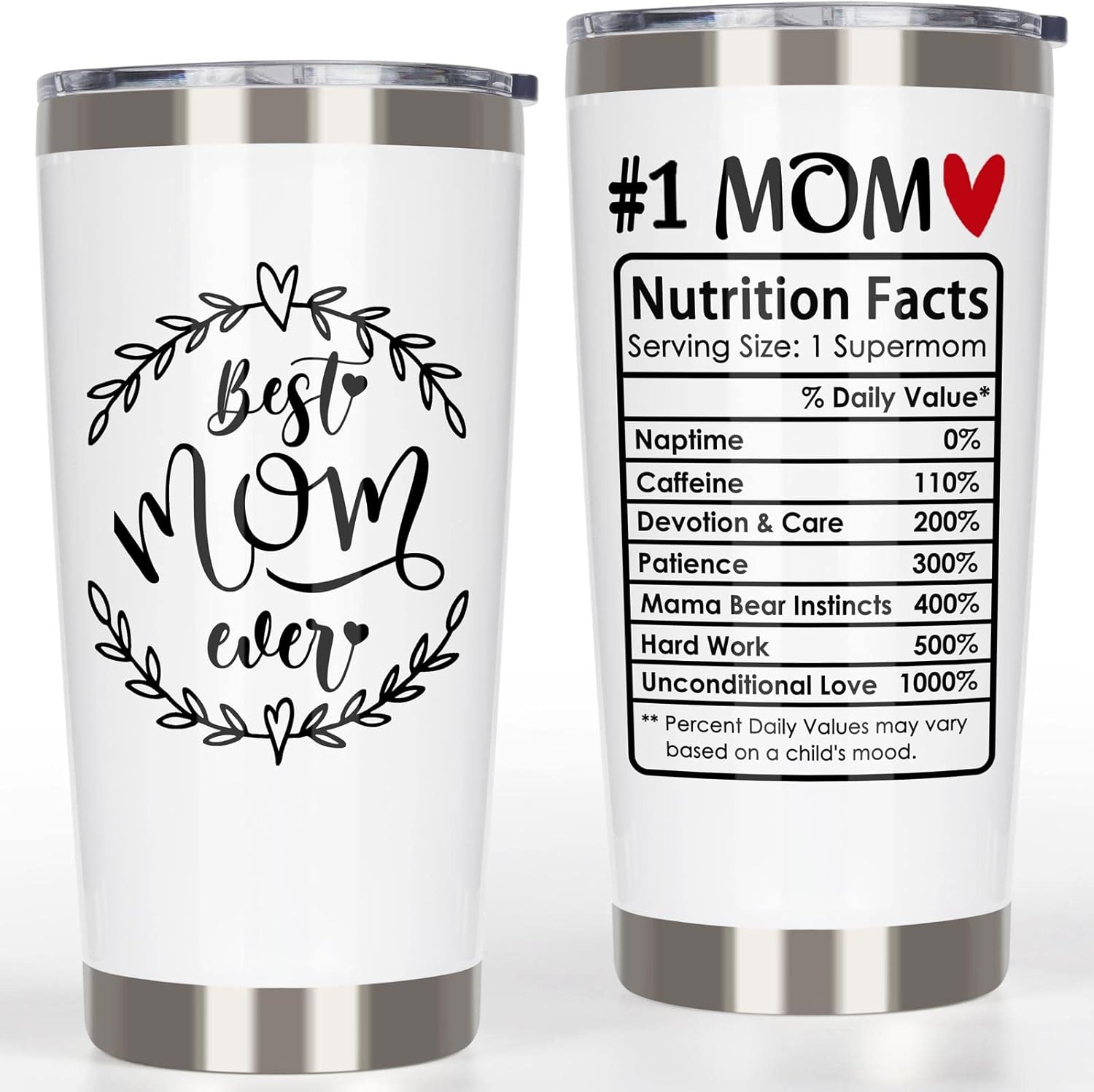 Breezy Valley #1 Mom Gifts Tumbler, Valentine's Day Gifts for Moms from Daughter Son Husband - Best Mom Ever Birthday Gift for Mom Grandma, Number One Nutrition Facts Coffee Tumbler Cup 20oz