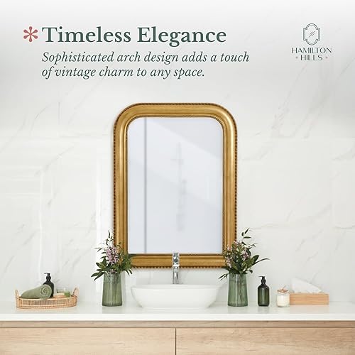 Miniatura 2 de Hamilton Hills Espejo de pared superior arqueado dorado de 30 x 40 pulgadas, vidrio pulido, marco grueso para decoración de baño, sala de estar o