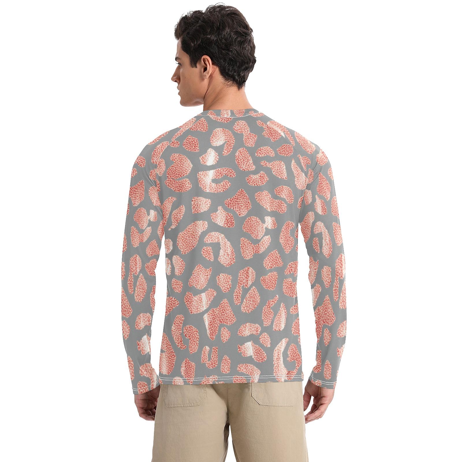 Leopard Grey Pink Sun Shirts UPF 50+ Sun Protection Long Sleeve Rash Guard for Men Quick Dry Beach T-Shirts, Large