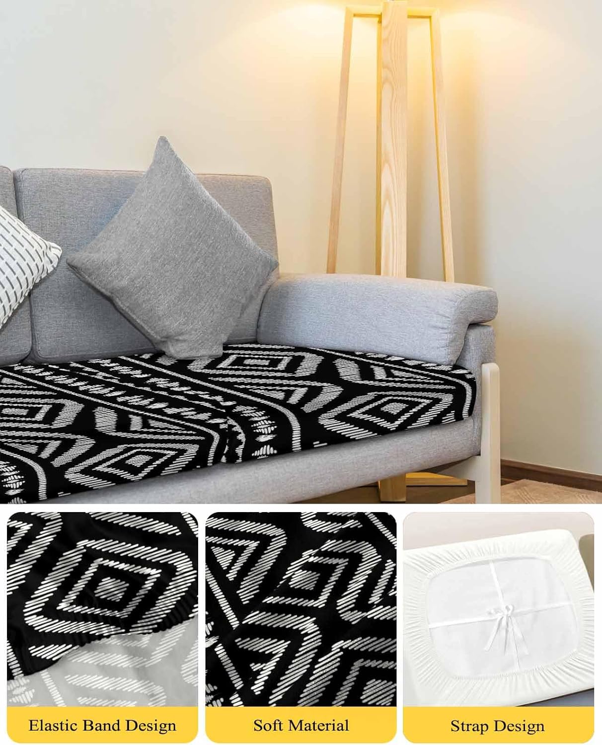 Geometric Boho Stretch Couch Sofa Cushion Covers,Sectional/Individual/L/T Shape Sofa Couch Slipcover Furniture Slip Cover with Elastic Bottom,Black White Abstract Minimalist Stripes L Size 1-PC