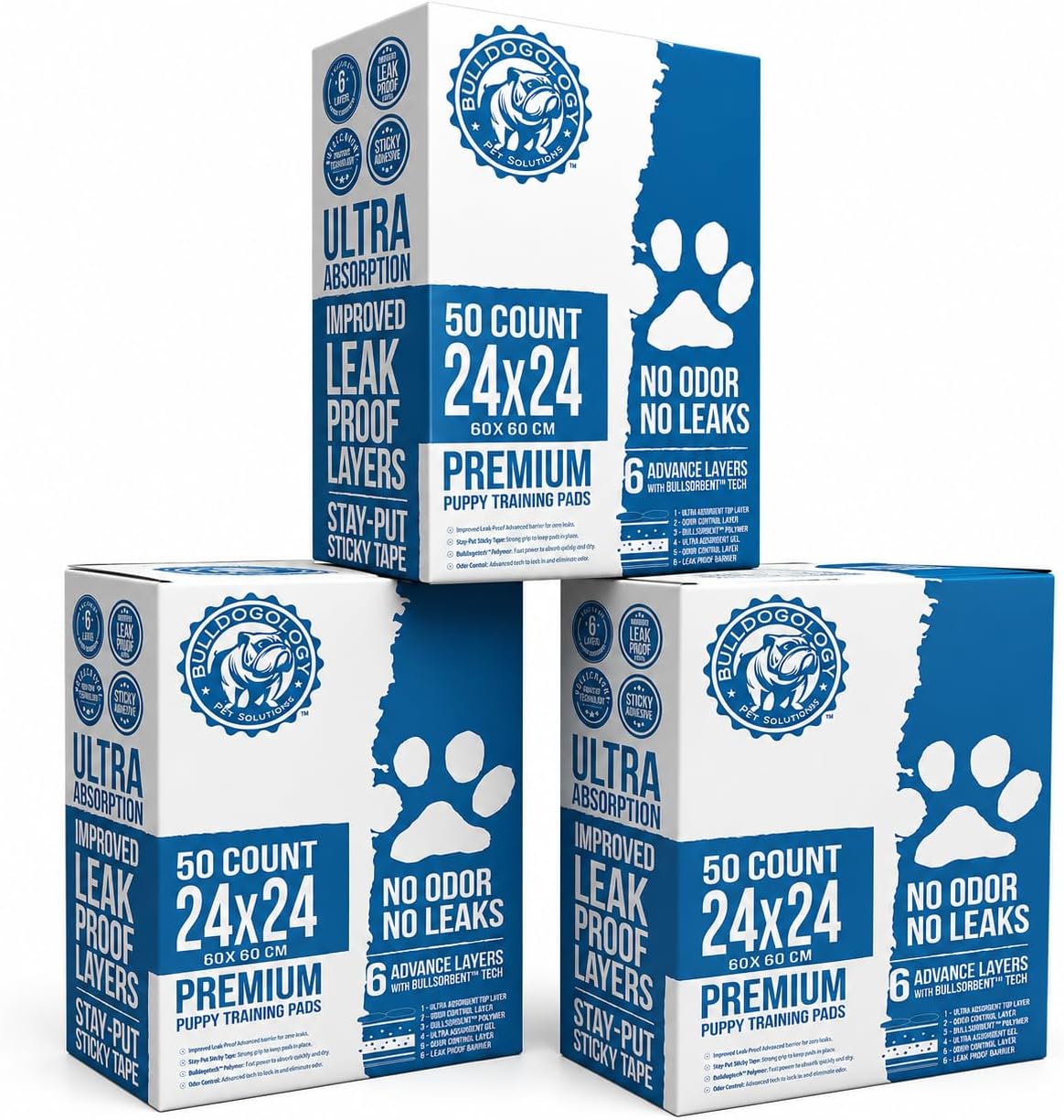 Puppy Pee Pads with Adhesive Sticky Tape (24x24) Large Premium Dog Pads - 6 Layer Dog Training Pads and Pet Wee Pads with Quick-Dry Bullsorbent Tech (150-Count, White)