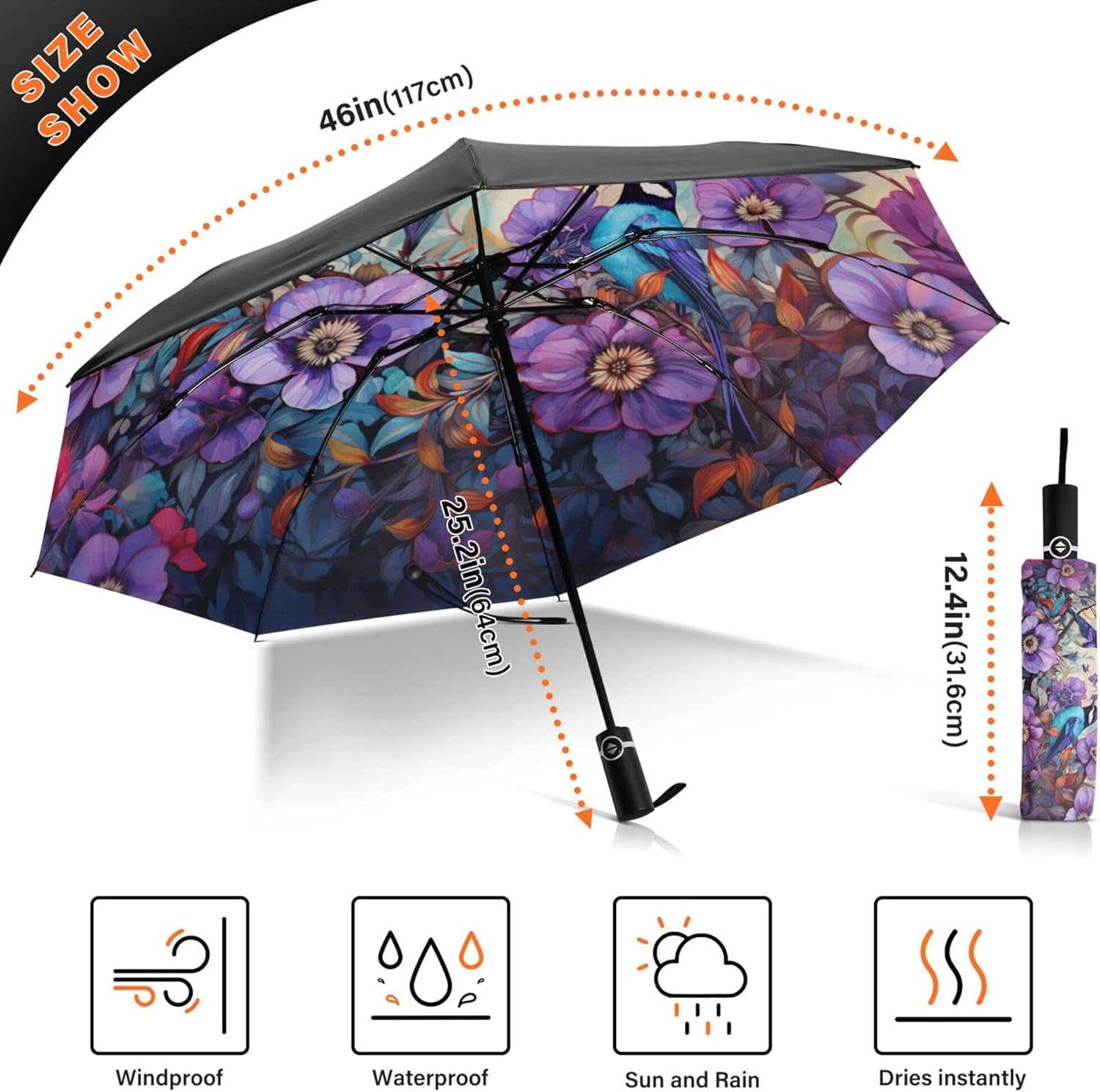Automatic Folding Umbrella Windproof Strong, UV Protection Compact Floral Hydrangea Hummingbird Sun Rain Sun Rain Travel Umbrellas for Women Men