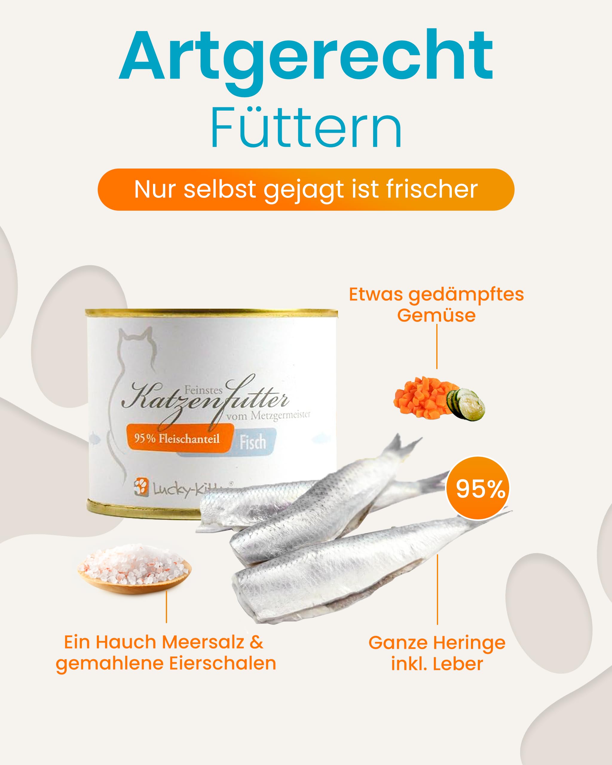Lucky-Kitty Katzenfutter Nass, 95% ganzer Hering, Monoprotein, 16x200g | Ohne Getreide & Zucker, Lebensmittelqualität, Für Katzen & Kitten, Hering aus der Nordsee, Ohne Zusätze, Made in Germany