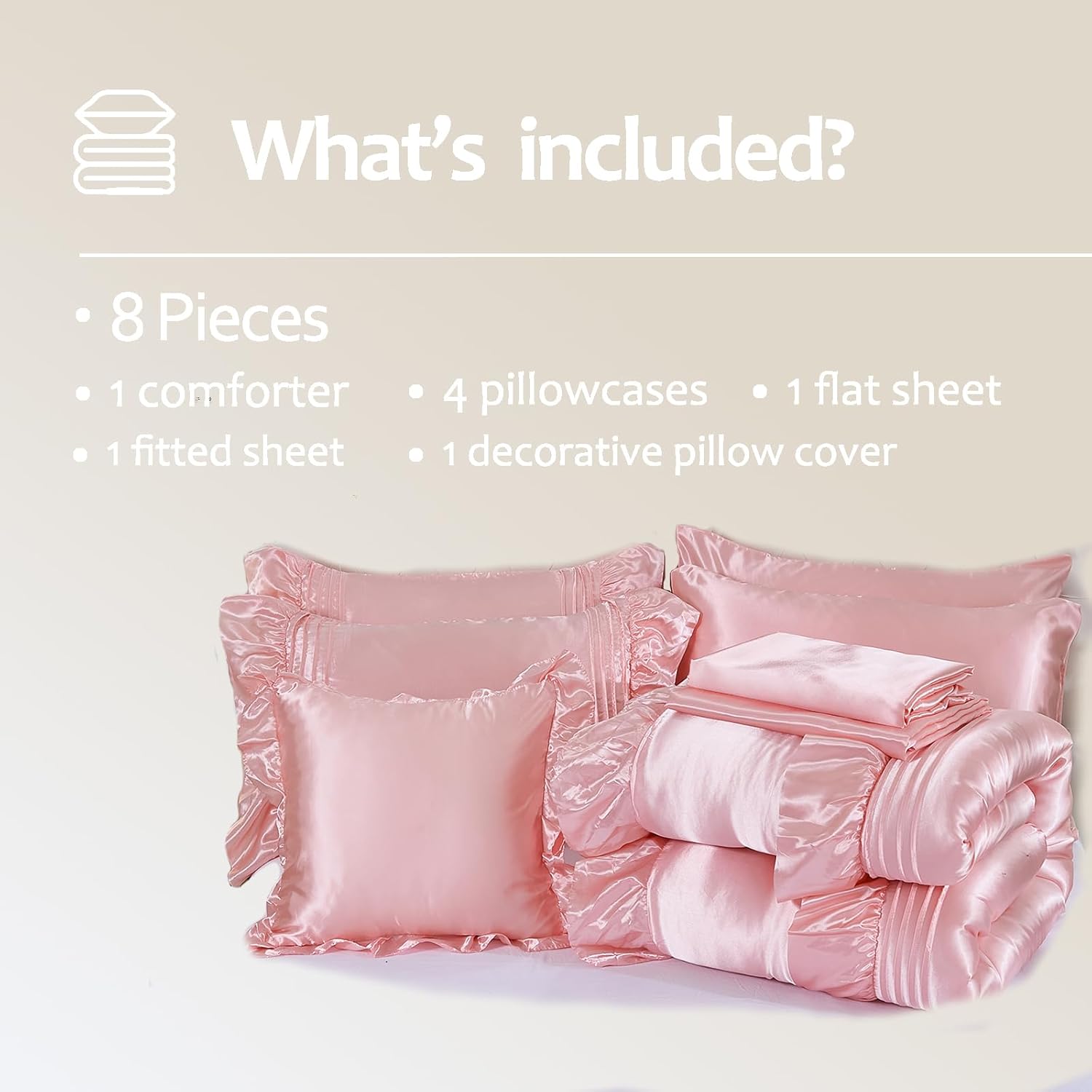 Pink Satin Comforter Set 8 Pieces Queen Comforter with Sheets Silk Like Satin Bed Set Luxury Bedding Bed in a Bag 1 Comforter 4 Pillowcasas 1 Flat Sheet 1 Fitted Sheet 1 Cushion Cover