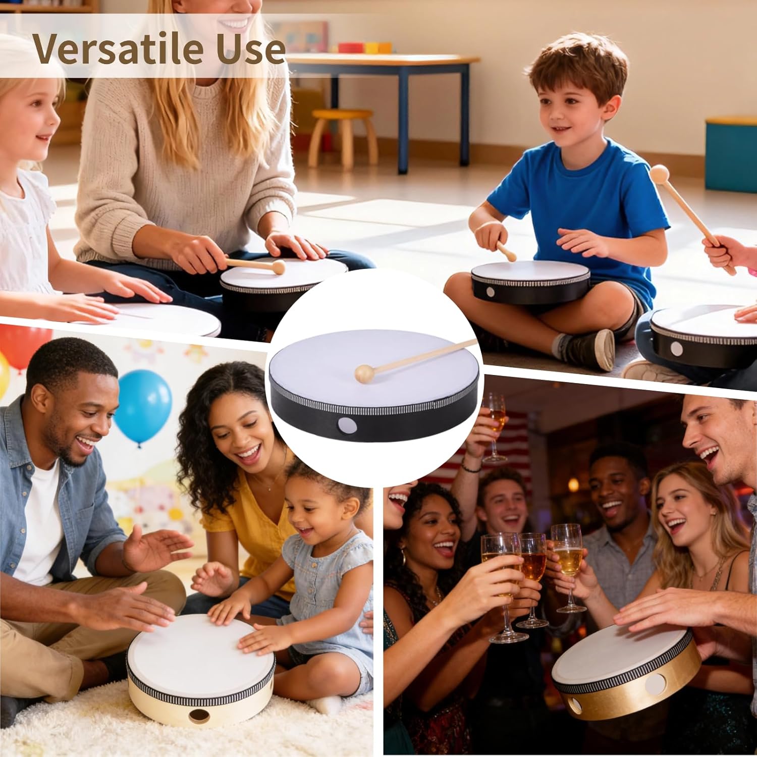 8 Pcs Hand Drum Set with Drumsticks, Includes 4/6/8/10 in Tambourines, Wooden Frame & Imitation Leather, Percussion Instruments for Young Musician, Home Party Supplies