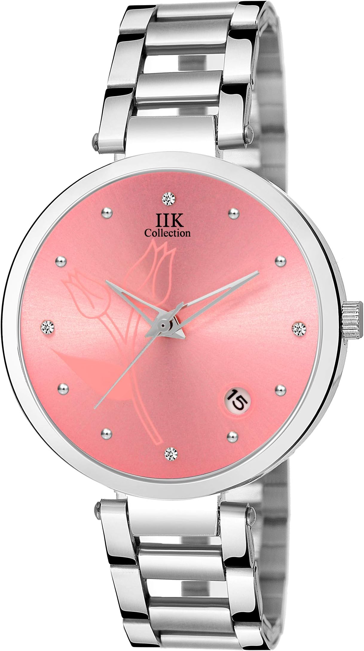 IIK COLLECTIONWatches for Women Round Studded Dial |Analogue Quartz Movemnet Ladies Watch|Long Battery Life|Stainless Steel Adjustable Bracelet Chain Strap|Double Lock Clasp Safety Watches for Girls