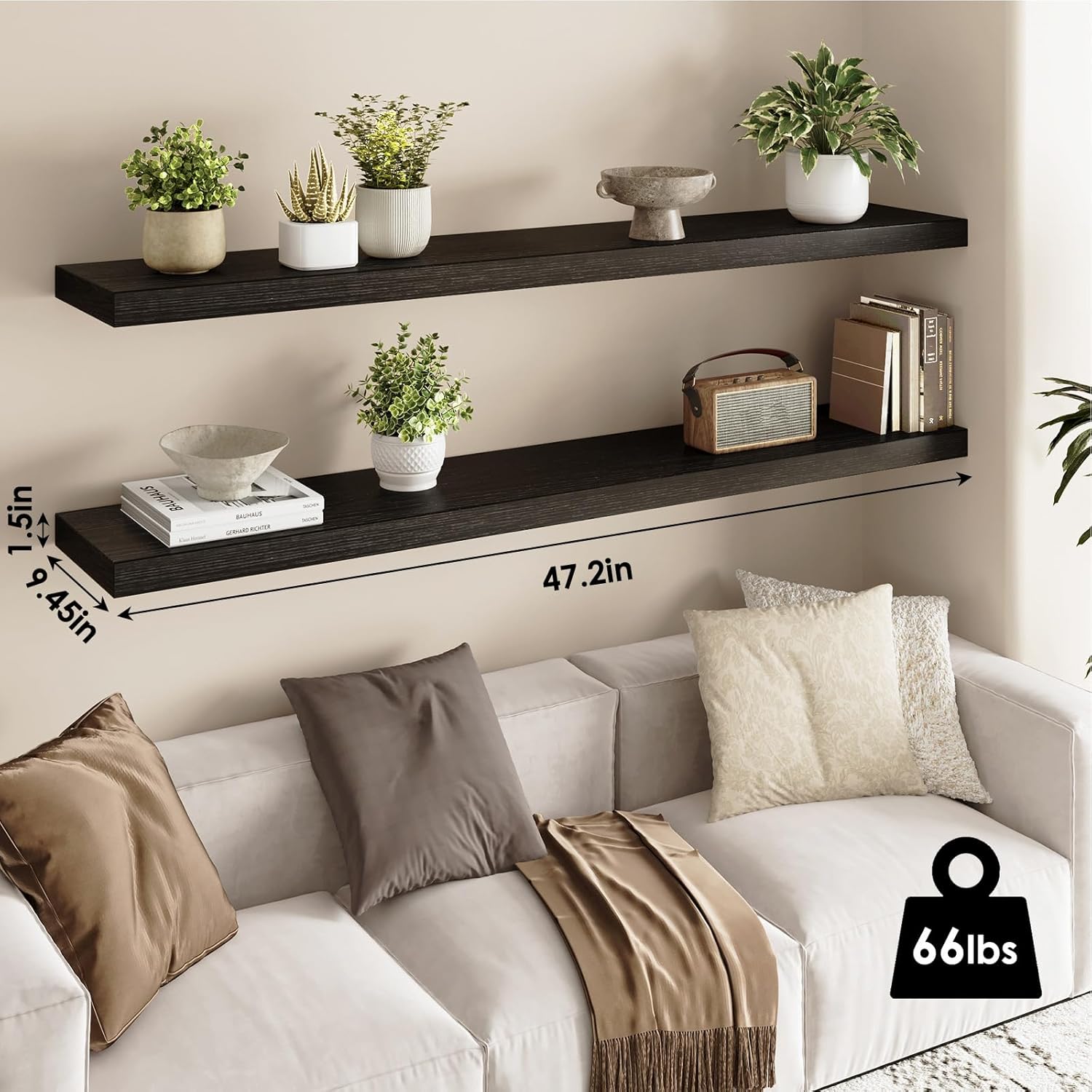 Fixwal Floating Shelves for Wall, 47" Long Heavy Duty Wall Mounted Rustic Wood Shelves for Living Room, Bedroom, Bathroom and Kitchen, Wall Shelves for Storage, Books, Room Decor (Black, Set of 2)