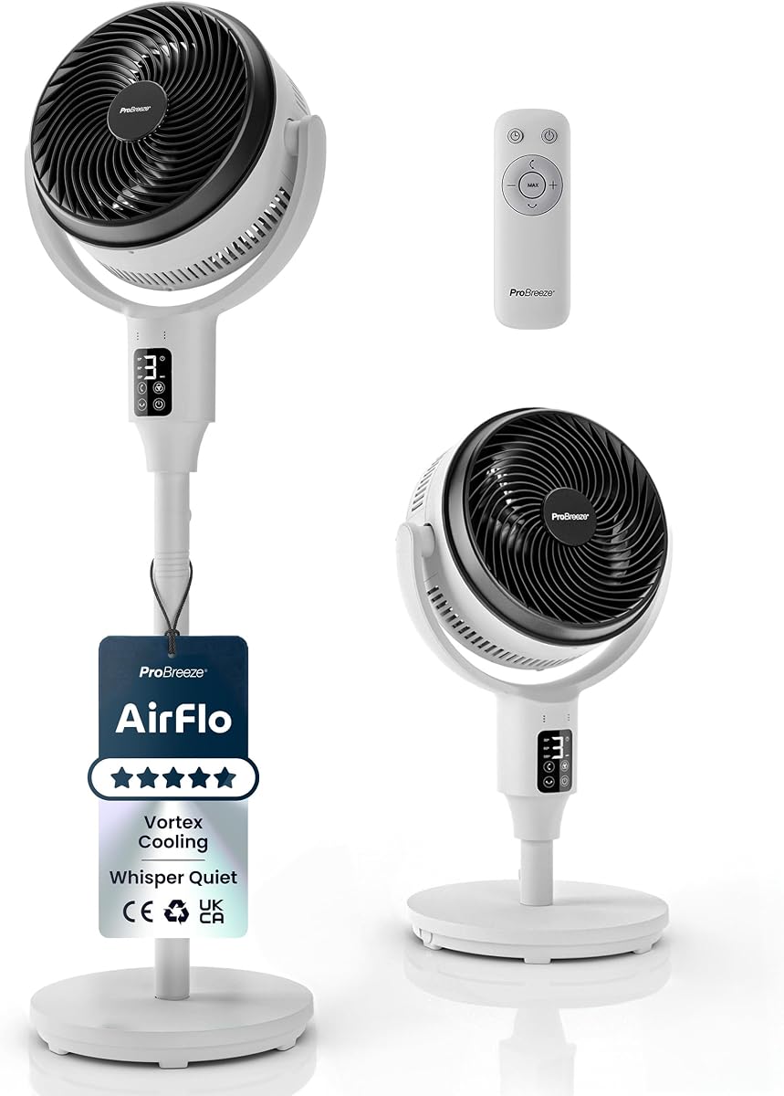 Pro Breeze AirFlo 43" Portable Pedestal Fan, Hybrid Adjustable Height, 29dB Ultra Silent, LED Display, Remote Control, 2 Cooling Modes, Vertical & Horizontal Oscillation - Energy-Efficient