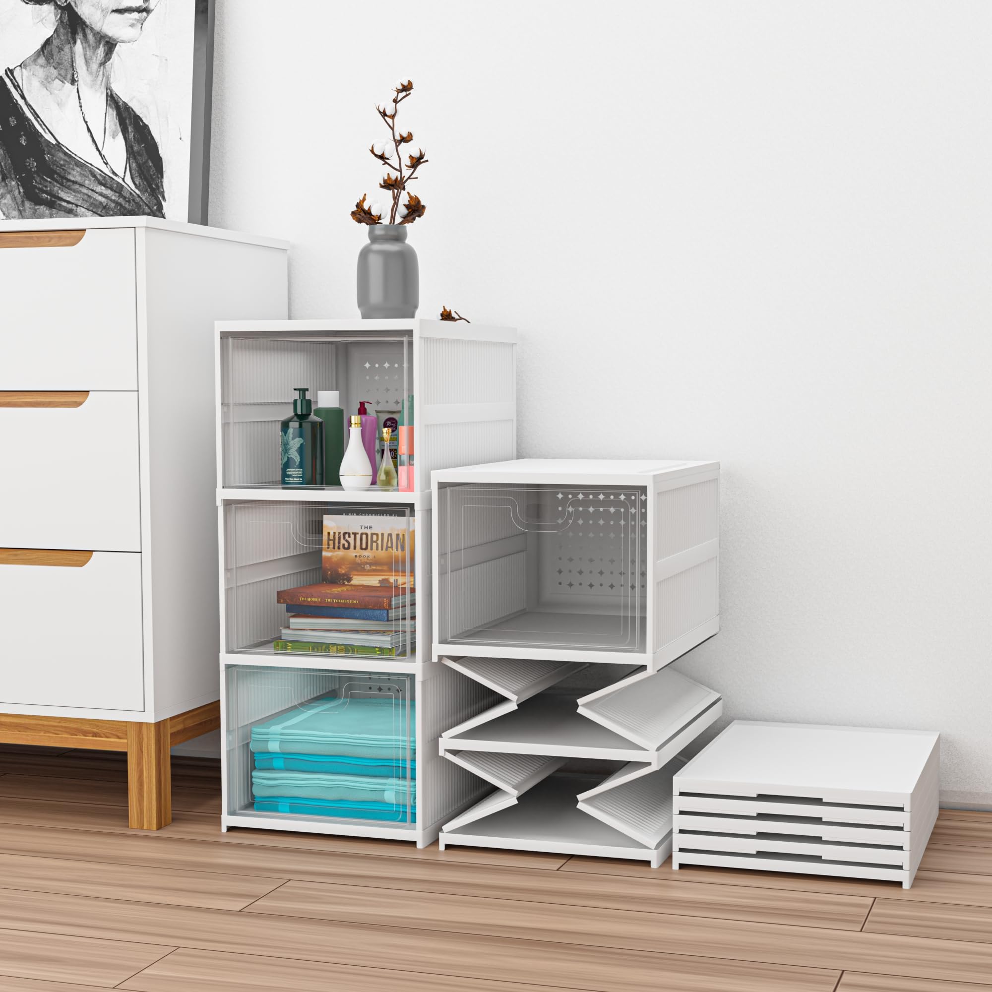Kuber Industries 3-Tier Transparent Plastic Collapsible Space Saving Closet/Cabinet | Makeup Cosmetics, Books & Stationary Organizer Storage Boxes for Home, Office & Hostel Use | White-picture-13