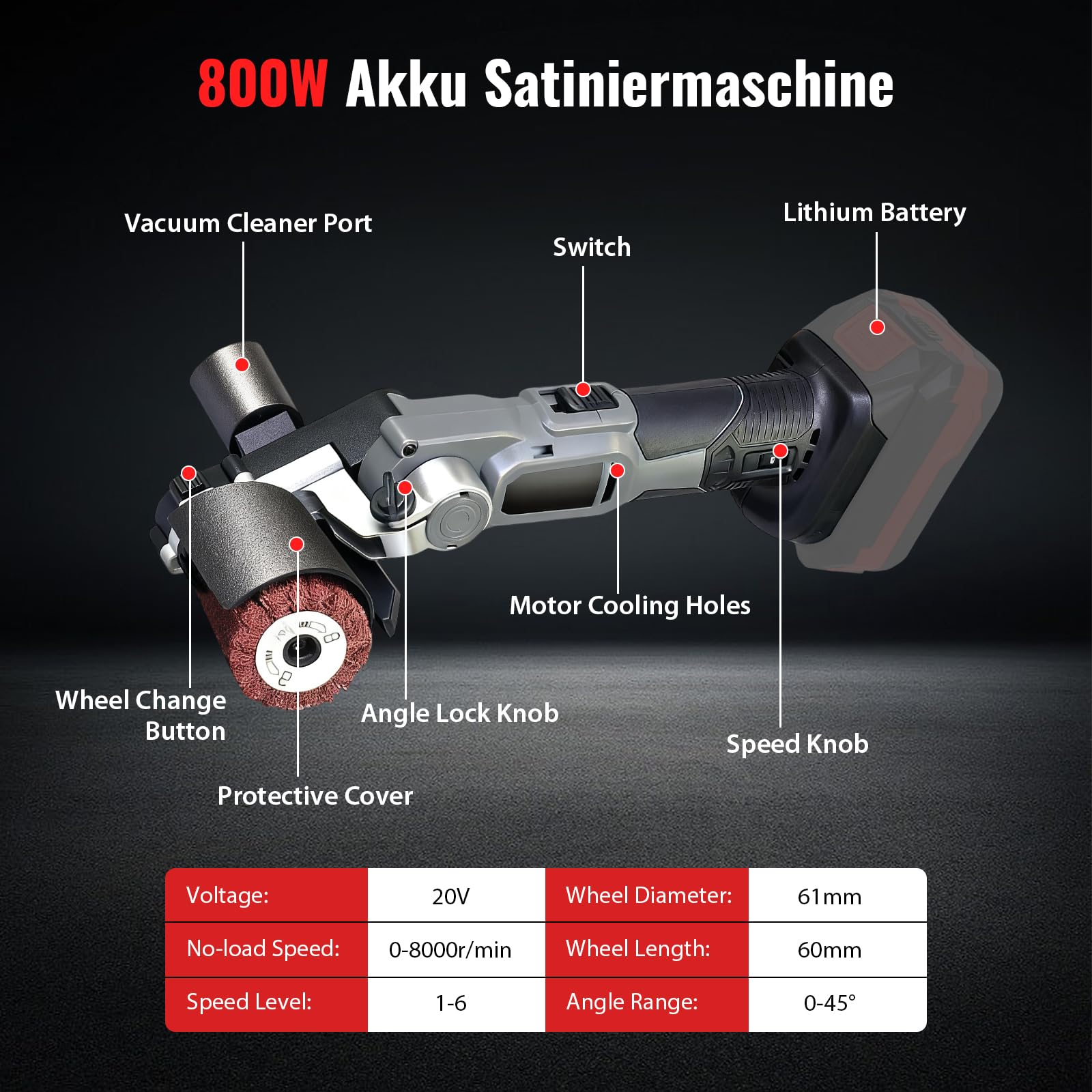Spazzolatrice per Legno, Levigatrice a Spazzola Senza Fili da 800 W Compatibile con Makita da 20 V Levigatrice a Tamburo per Levigare e Lucidare Legno e Metallo