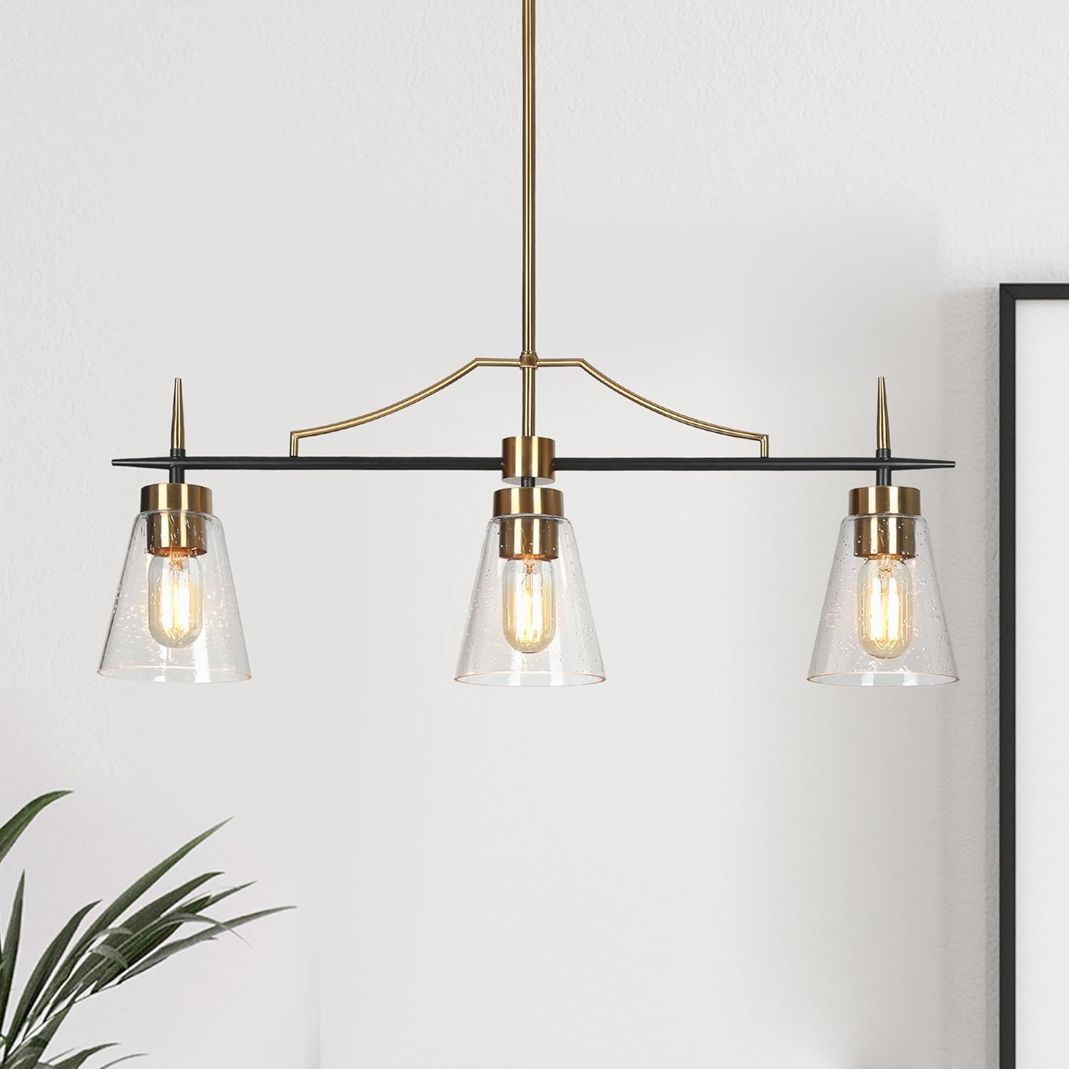 KSANA Island Light for Kitchen, 3 Light Linear Chandelier Hanging Lights with Seeded Glass Modern Mid-Century Kitchen Island Lighting in Black and Brass Finish