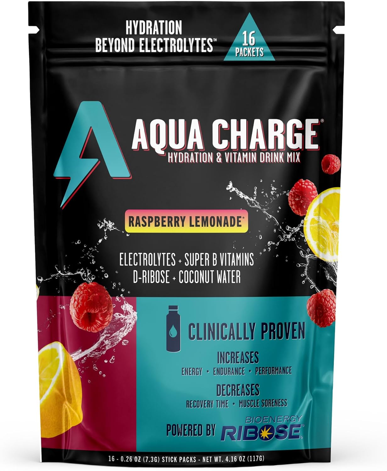 Grab The Gold Aqua Charge Electrolytes Drink Mix | Naturally Flavored Sugar-Free, Hydration Drinks with B Vitamins | Vegan, Gluten-Free, Non-GMO | Raspberry Lemonade - 16 Packs, Made in USA