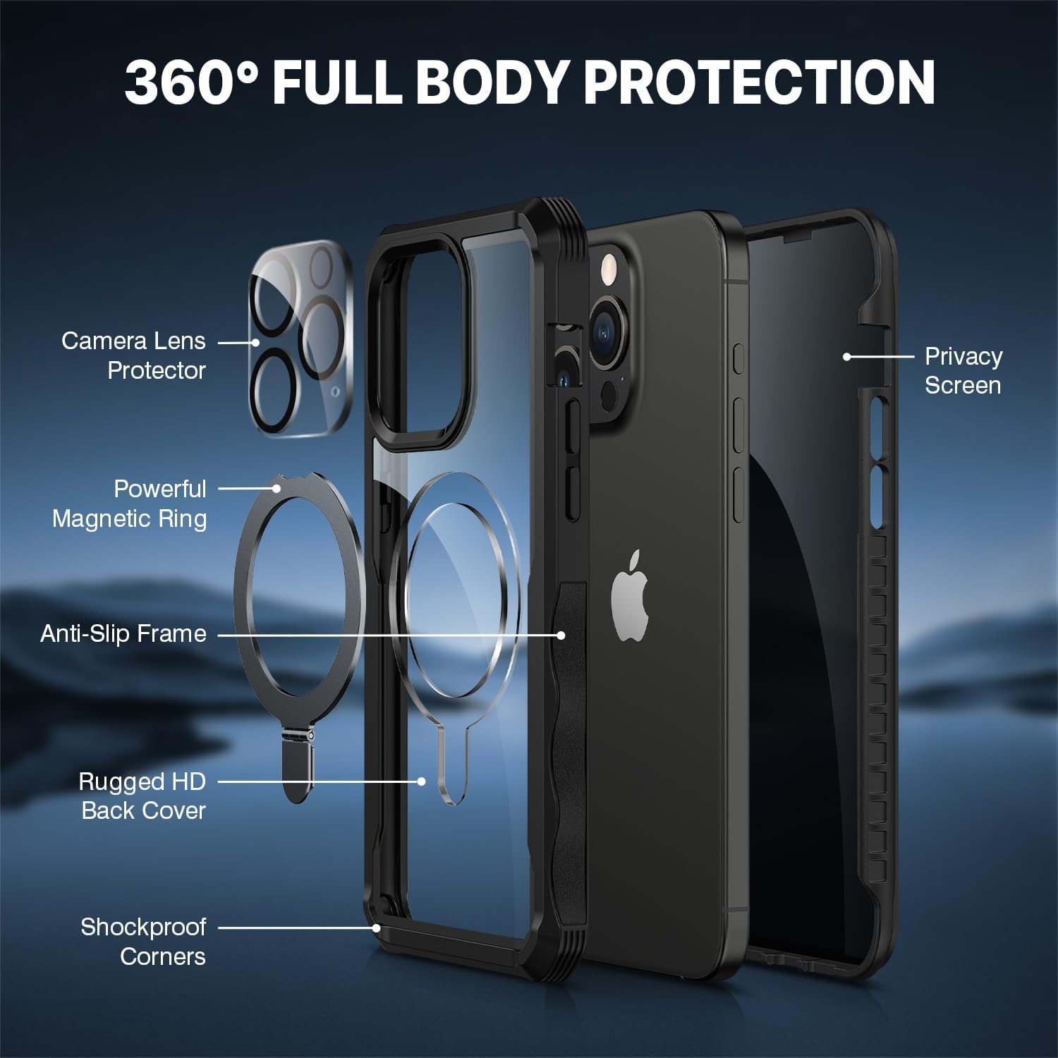 CENHUFO Privacy for iPhone 15 Pro Max Case, Full Body Phone Case [Compatible with Magsafe] Built-in 9H Tempered Glass Privacy Screen Protector and Magnetic Ring Stand, Clear Camera Lens Cover -Black