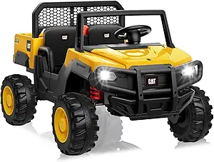 ANPABO 24V Licensed Caterpillar Ride On Dump Truck, 4X100W Powerful Motors, Up to 5Mph, Parent Remote Control, Dump Bed and Shovel, Electric Car for Kids 3-6, Yellow