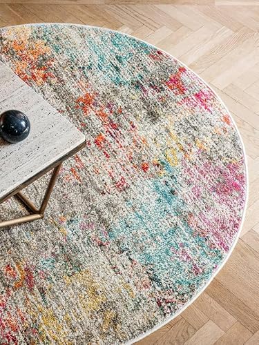 RugVista Monet Teppich, Ø 150 cm, Mehrfarbig | Moderne, Rund, Niedriger Stapel, Nur chemische Reinigung, Oeko-Tex 100, Wohnzimmer, Esszimmer, Schlafzimmer, Küche, Diele