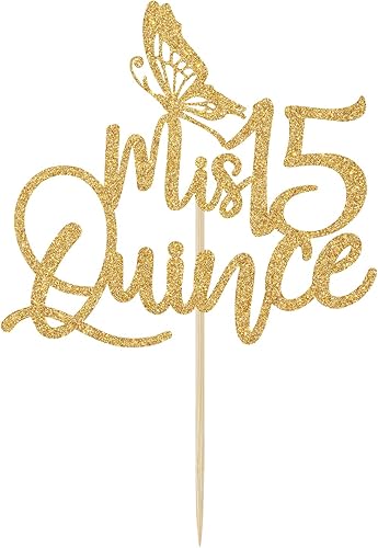 Miniatura 6 de Mis Quince Decoración para tartas con purpurina dorada, decoración de cumpleaños número 15, feliz 15 años, Cheers to 15 años, 1 unidad, amarillo
