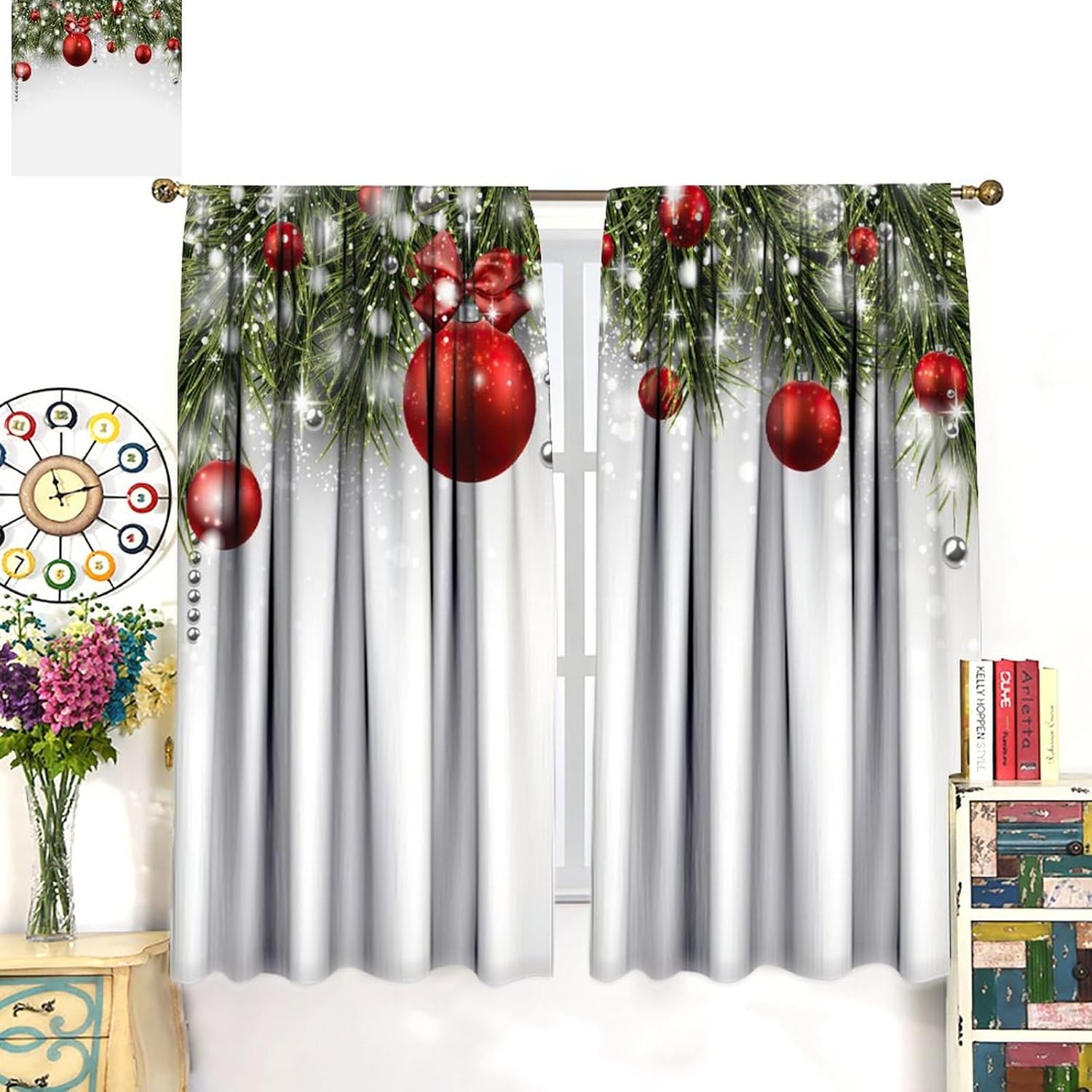 Christmas Blackout Curtains, Christmas Winter Holiday Theme Fir Branches and Vibrant Balls Snowflake Home Decor, Bedroom Living Room Curtains42X45 Inch