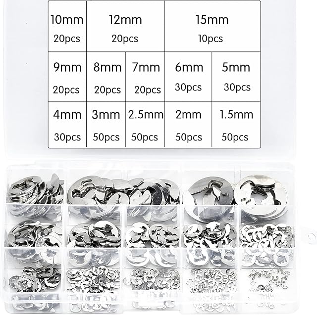 400 Pcs E-Clip Circlips Snap Set, Stainless Steel E-Clip Retaining Snap Opening Ring Circlip with Plastic Box - 1.5/2 /2.5/3/4/5/6/7/8/9/10/12/15mm, Silver