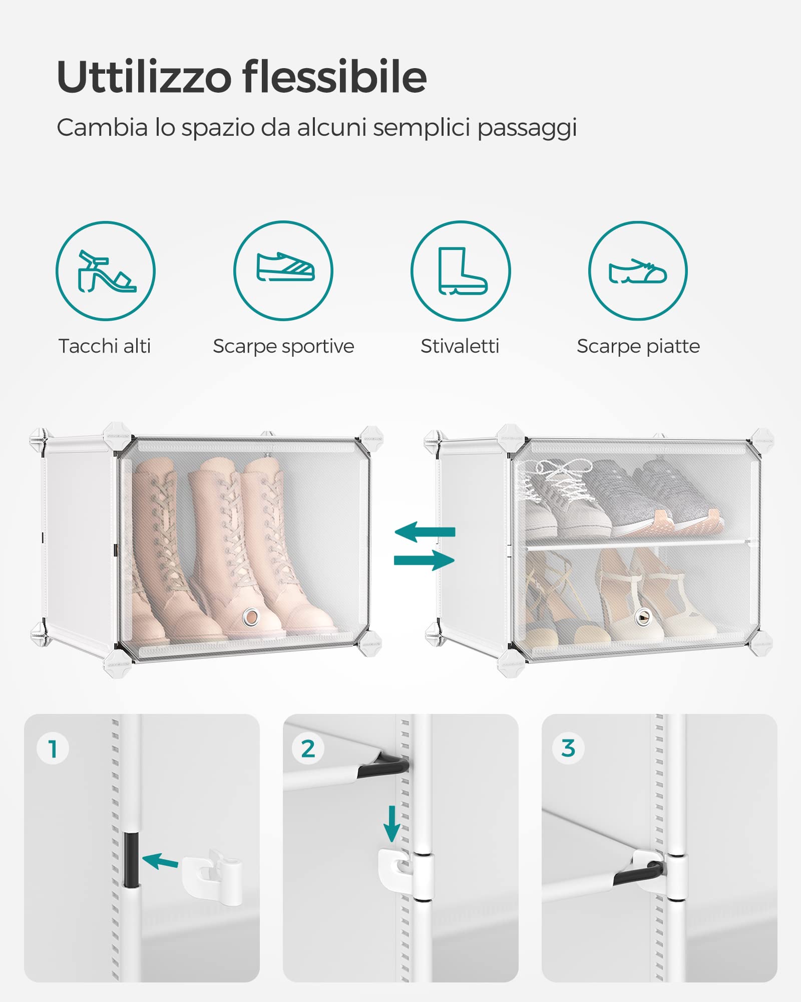 SONGMICS Scarpiera, Scaffale Modulare a 10 Scomparti per 40 Paia di Scarpe da Ingresso, con Sportelli, Telaio in Acciaio e Ripiani in Plastica, Camera da Letto, Bianco e Trasparente LPC035W01