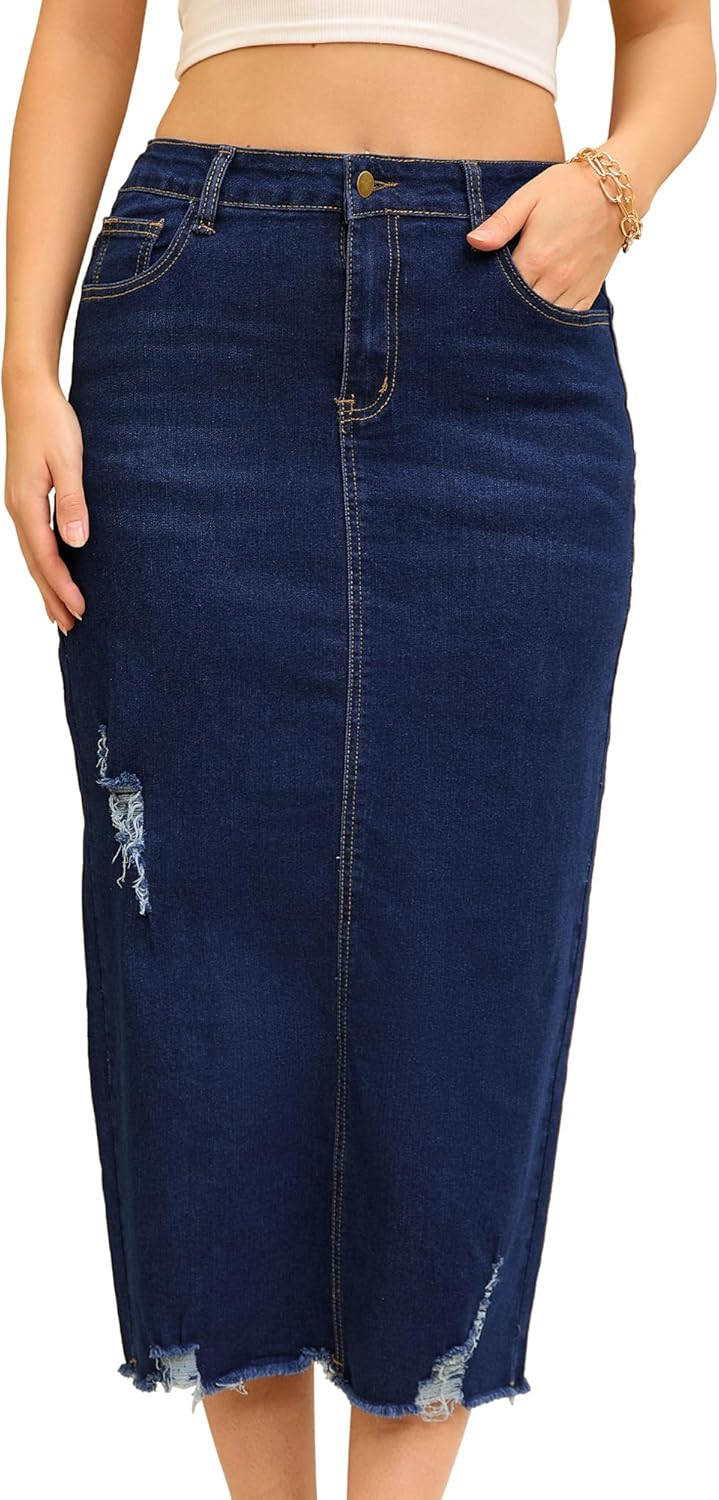 Women's Long Denim Skirt Mid Waisted Stretch Ripped Raw Hem Split Casual Pencil Midi Jean Skirts