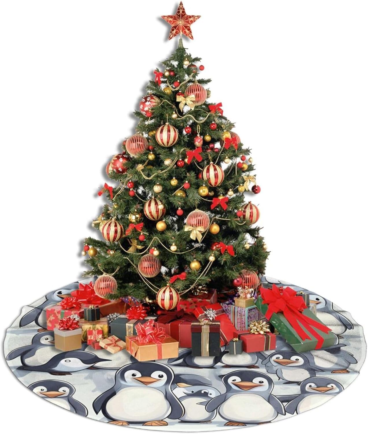 Christmas Tree Skirt 48 Inches, Christmas Tree Mat Cover, Christmas Decoration Ornaments,Cute Baby Penguins Sketch Pattern