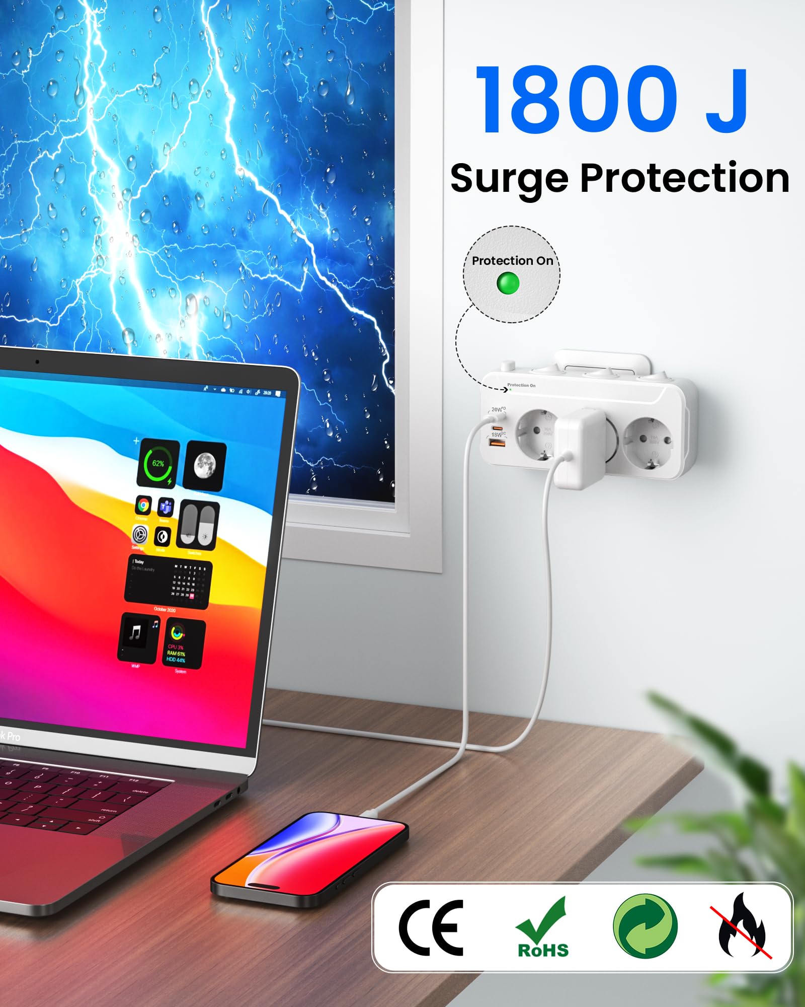 Ladron Enchufes USB C,Regletas Enchufes Pared Carga Rápida PD20W y QC18W,Enchufe Multiple 3 Tomas,Vertical Trifasico Enchufe con Interruptor,Adaptador Enchufe Triple Proteccion Sobretension,Blanco