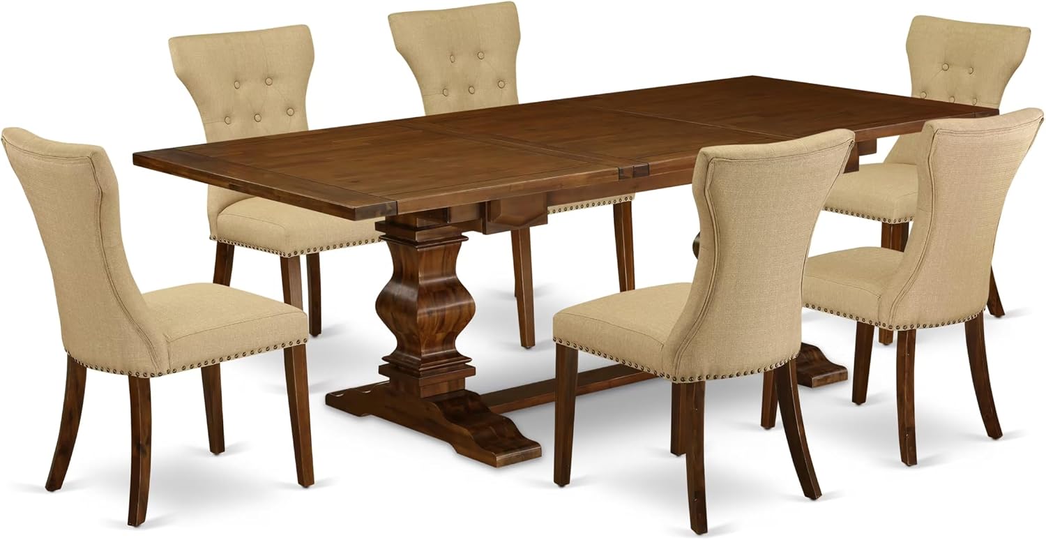 East West Furniture ALAGA7-88-03 7 Piece Dining Set Consist of a Rectangle Dining Room Table with Removable Leaf and 6 Brown Linen Fabric Upholstered Chairs, 42x92 Inch, Walnut