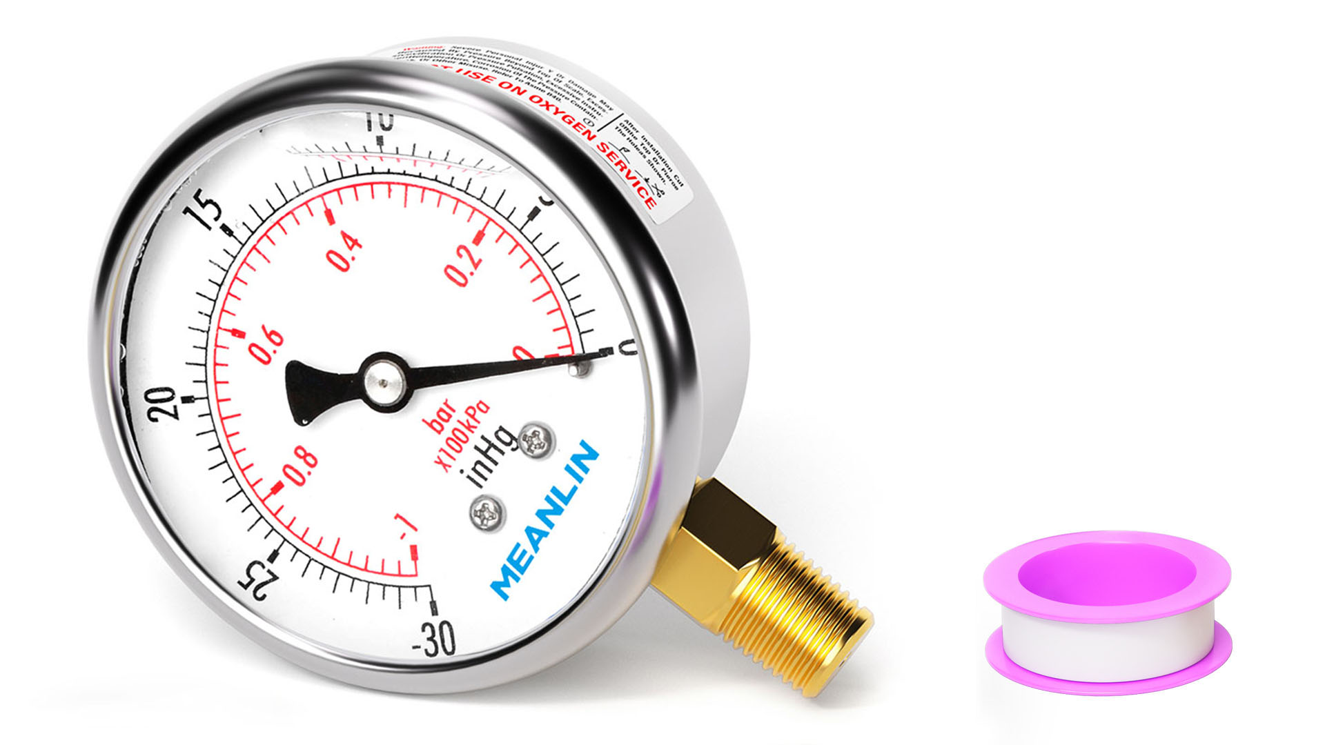 Image of MEANLIN MEASURE -30inHG~0Psi Stainless Steel 1 /8 inch NPT 2.5 inch FACE DIAL Vacuum Pressure Gauge, Center Back Mount, with 1 /4 inch NPT and 3 /8 inch NPT Hex Bushing