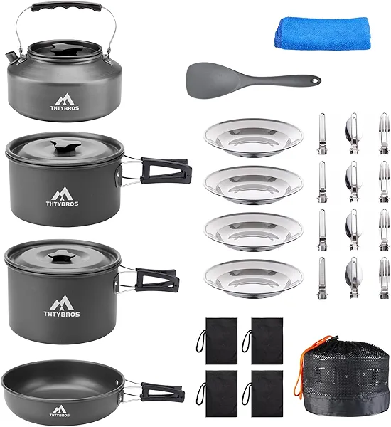 THTYBROS 27pcs Camping Cookware Mess Kit for 2-4 People, Portable Cookware Set with Kettle, Pots & Pans, Stainless Steel Utensils, Plates, Dishware for Backpacking, Picnic, Outdoor Adventures