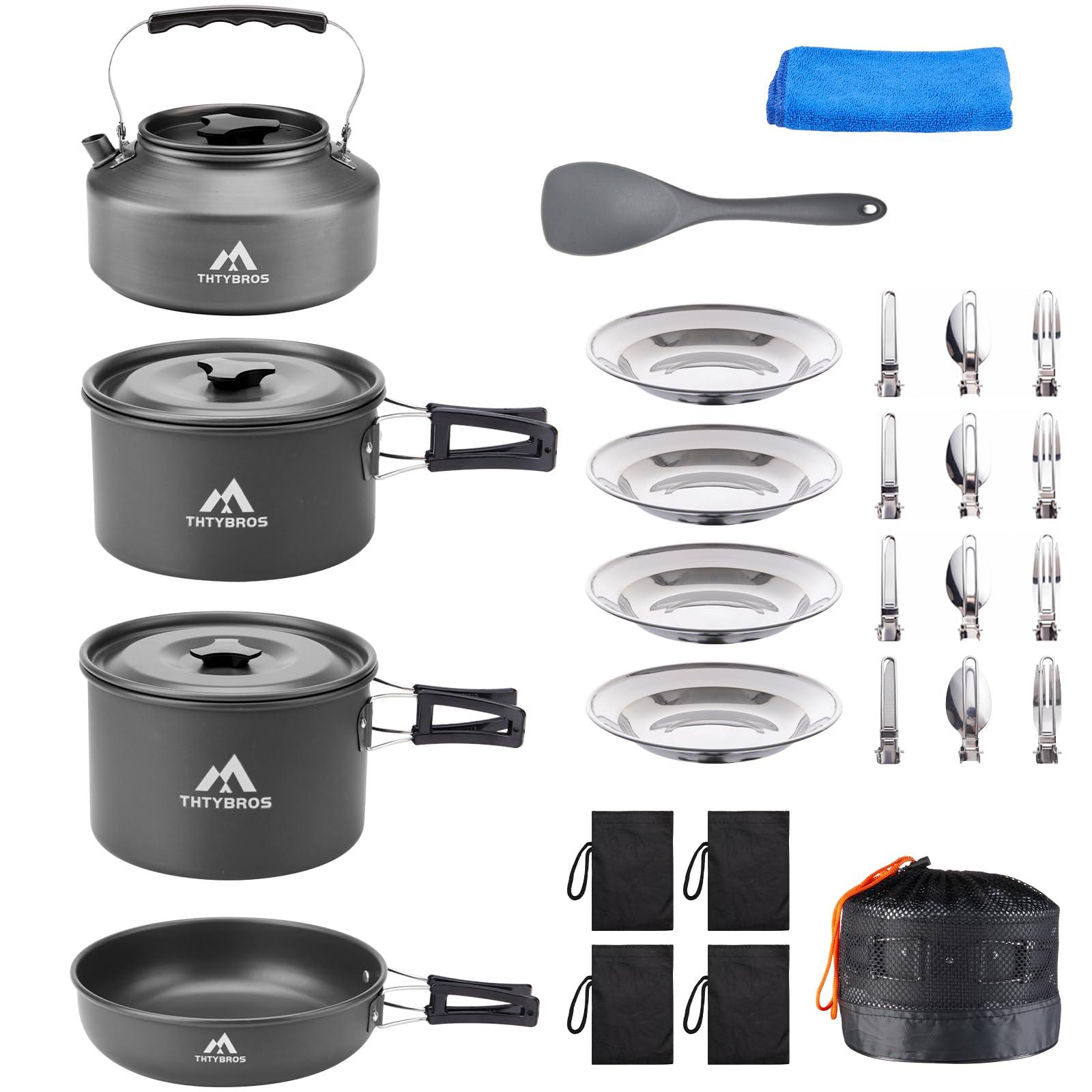 THTYBROS 27-piece camping cookware mess kit with kettle, pots, pans, plates, and utensils