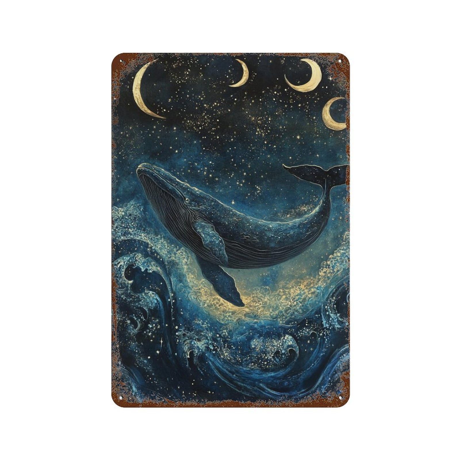 Whale Ocean Night Sky Art Print 11.8"x7.9" Distressed Metal Wall Sign, Shabby Chic Decor for Shed, Workshop And Garage Wall Decor