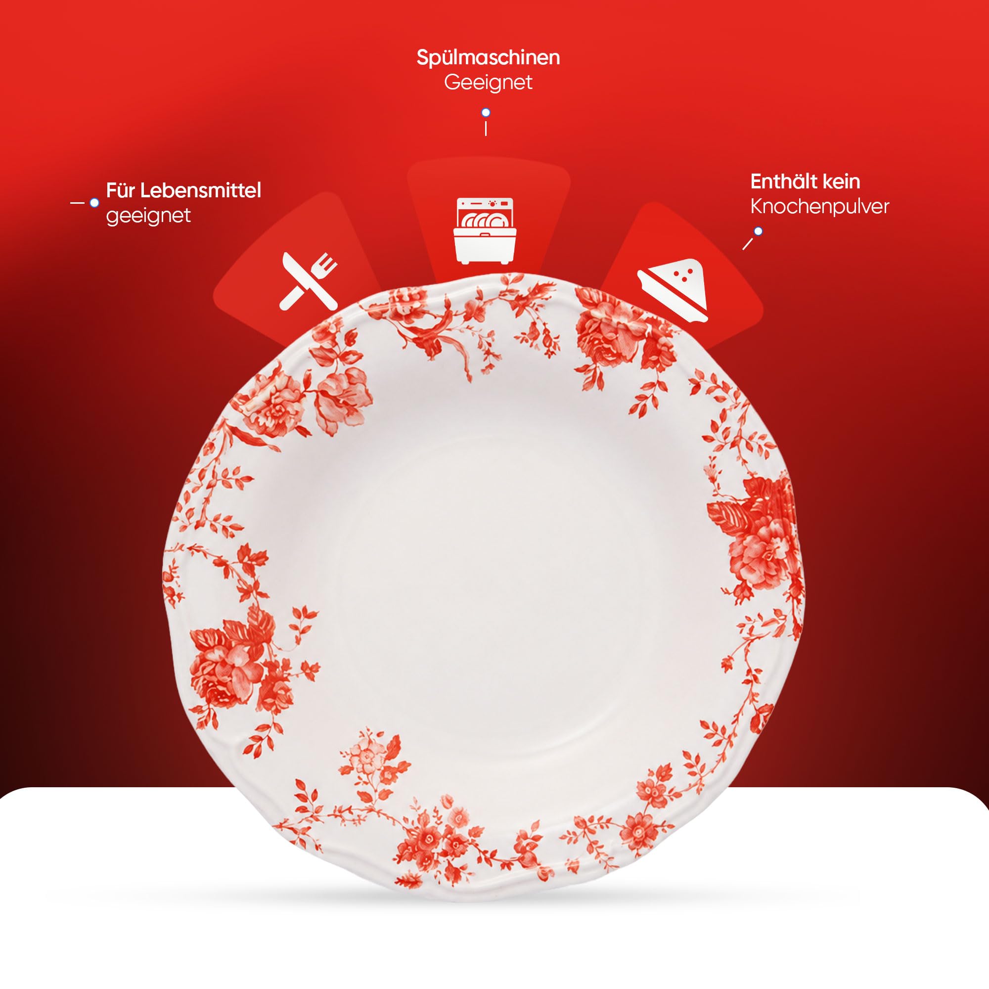 Nordic Schiller Tafelservice 24-teilig aus Porzellan für 6 Personen, Rot | 6 Speiseteller, 6 Suppenteller, 6 Dessertteller, 6 Kompottschalen, Modernes Geschirrset