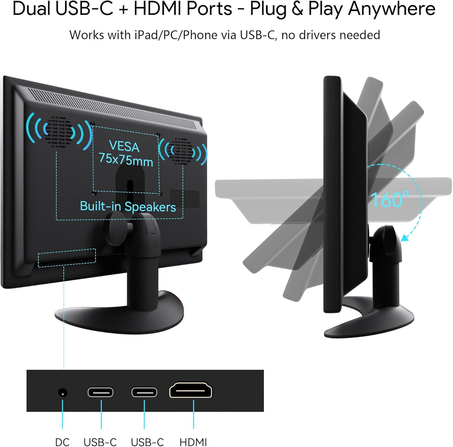 Wstirhy 9.7 Inch Small Monitor 2048x1536 IPS Display, 4:3 Second Screen, 440 Nit Brightness, Dual USB-C & HDMI, Built-in Speakers, VESA Mountable, External Monitor for Laptop PC Phone RasPi - Image 6
