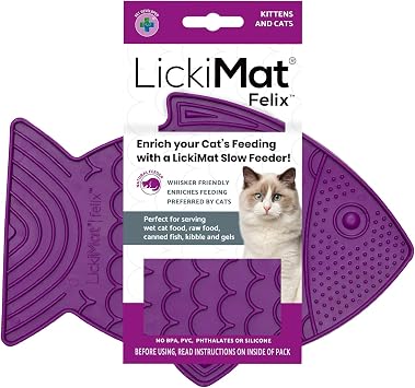 LickiMat Felix, Fish-Shaped Cat Slow Feeders Lick Mat, Boredom Reducer; Perfect for Food, Treats, Yogurt, or Peanut Butter. Fun Alternative to a Slow Feed Cat Bowl or Dish, Purple