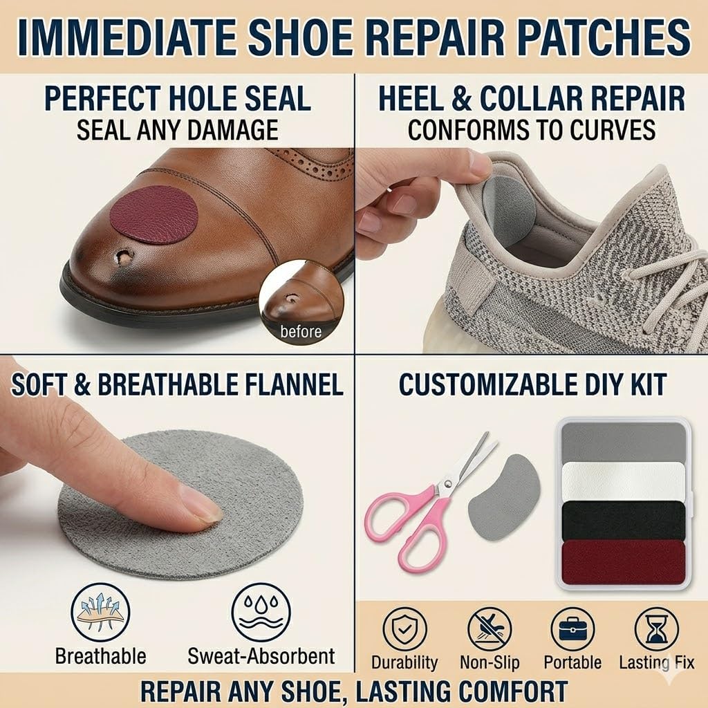 Shoe Repair Patches for Holes – 48Pcs Self-Adhesive Fabric Patch for Sneakers, Basketball & Running Shoes, Flannel Shoe Patches for Holes Inside Outside – Round & Rectangular 4 Colors