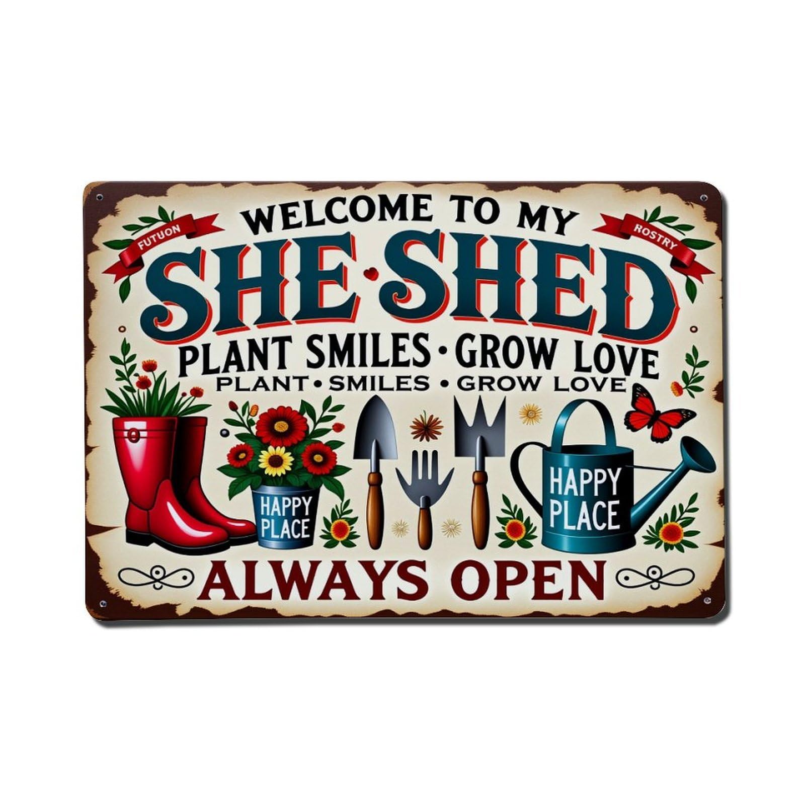 Welcome To My She Shed Plant Smiles Grow Love Always Open Vintage Tin Sign Retro Metal Wall Decor Metal Poster, Home Bar Garage Man Cave Cafe Indoor & Outdoor Decoration 8x12Inches