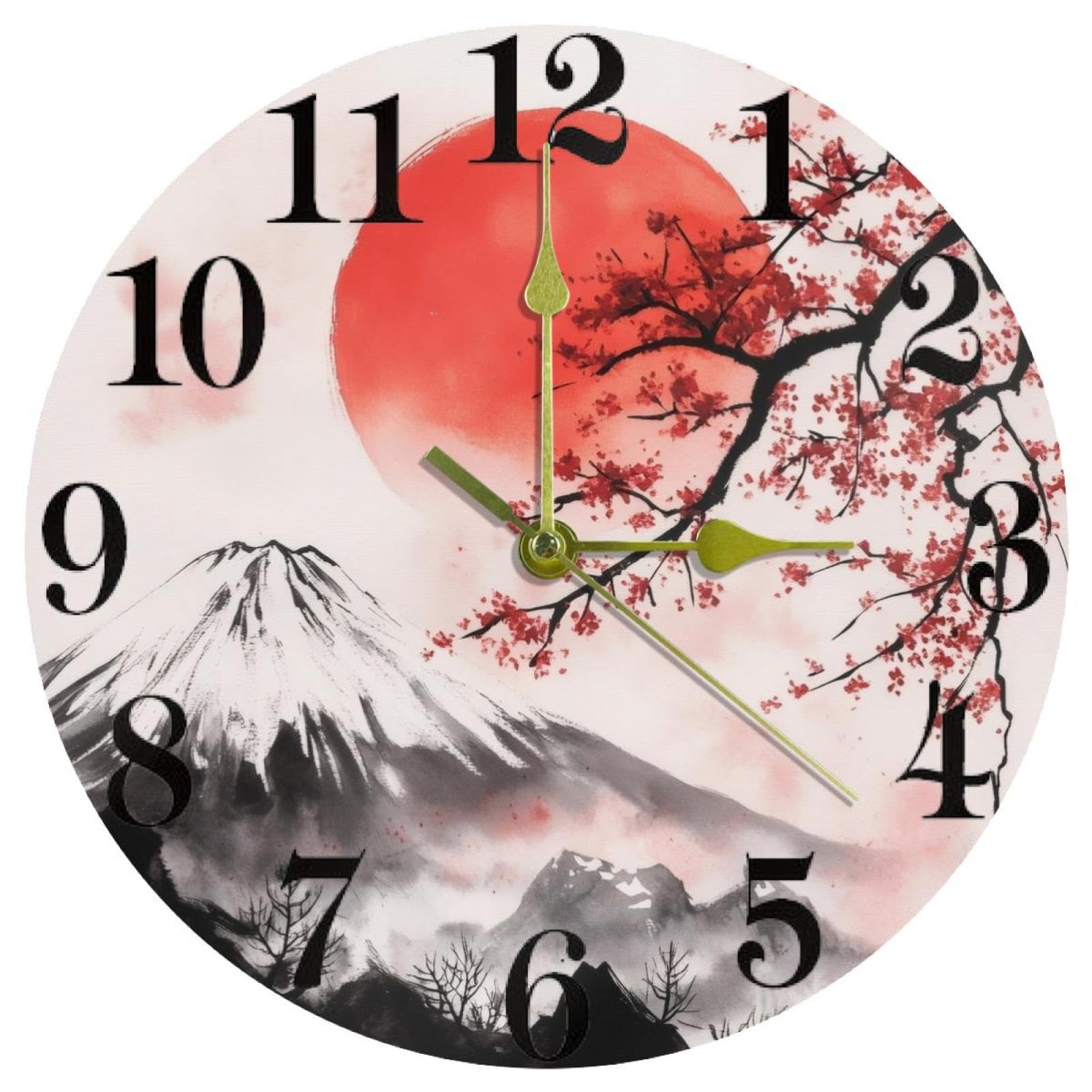 Horloge murale Fuji à peinture à l'encre rouge ronde et silencieuse à quartz pour salon