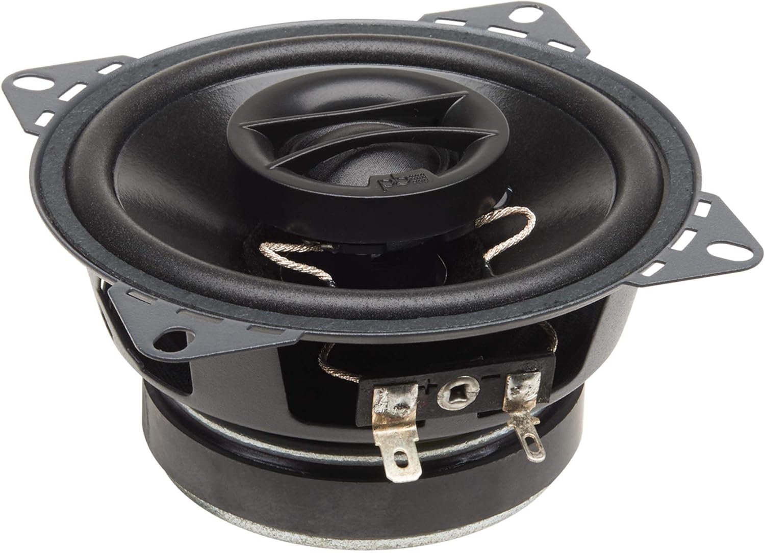 lateral view of a Powerbass S-4002 4-inch coaxial speaker, showing the speaker terminals and magnet structure.