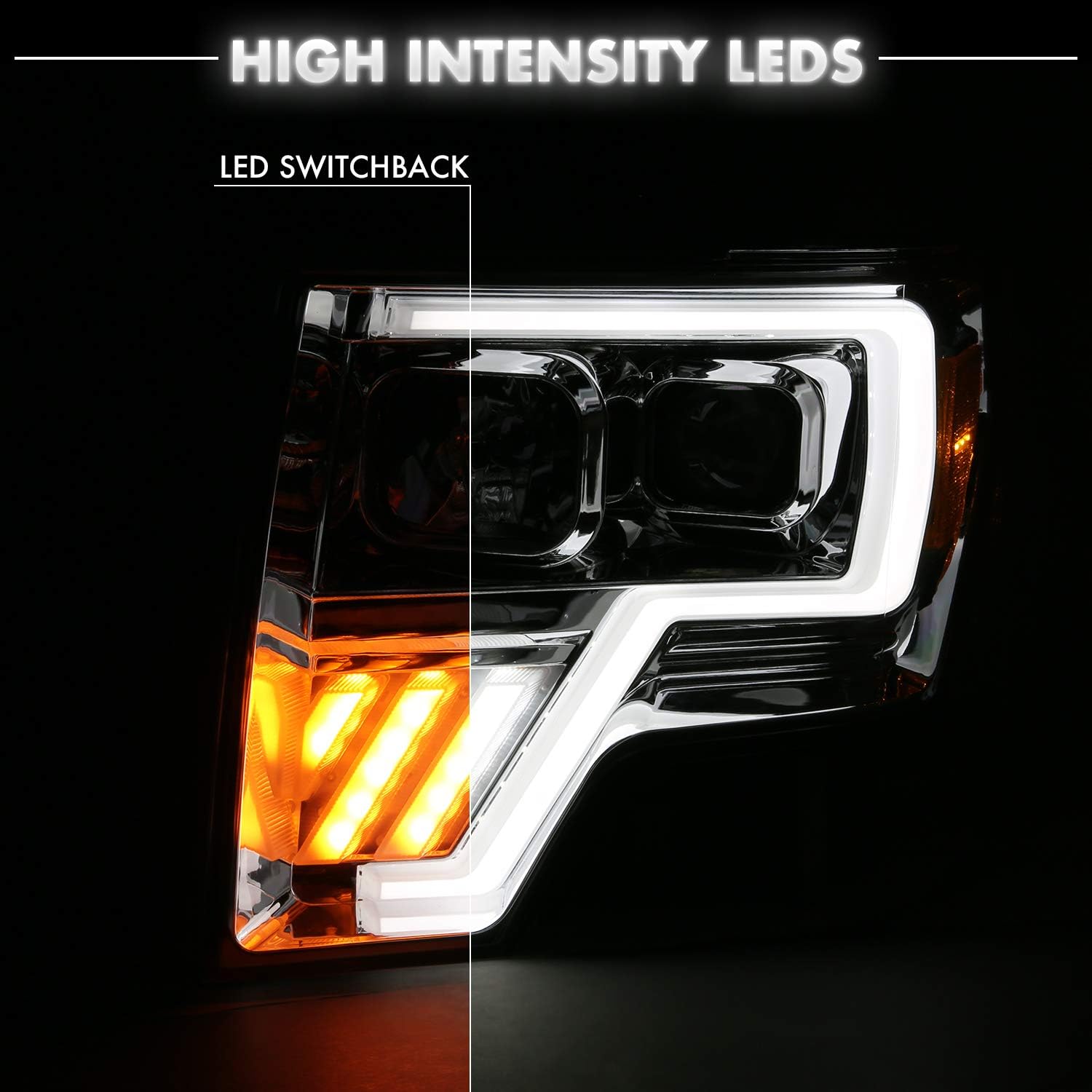 AmeriLite Replacement Headlights Assembly for 2009-2014 Ford F150 Switchback LED Tube Quad Projector Chrome Set - Passenger and Driver Side