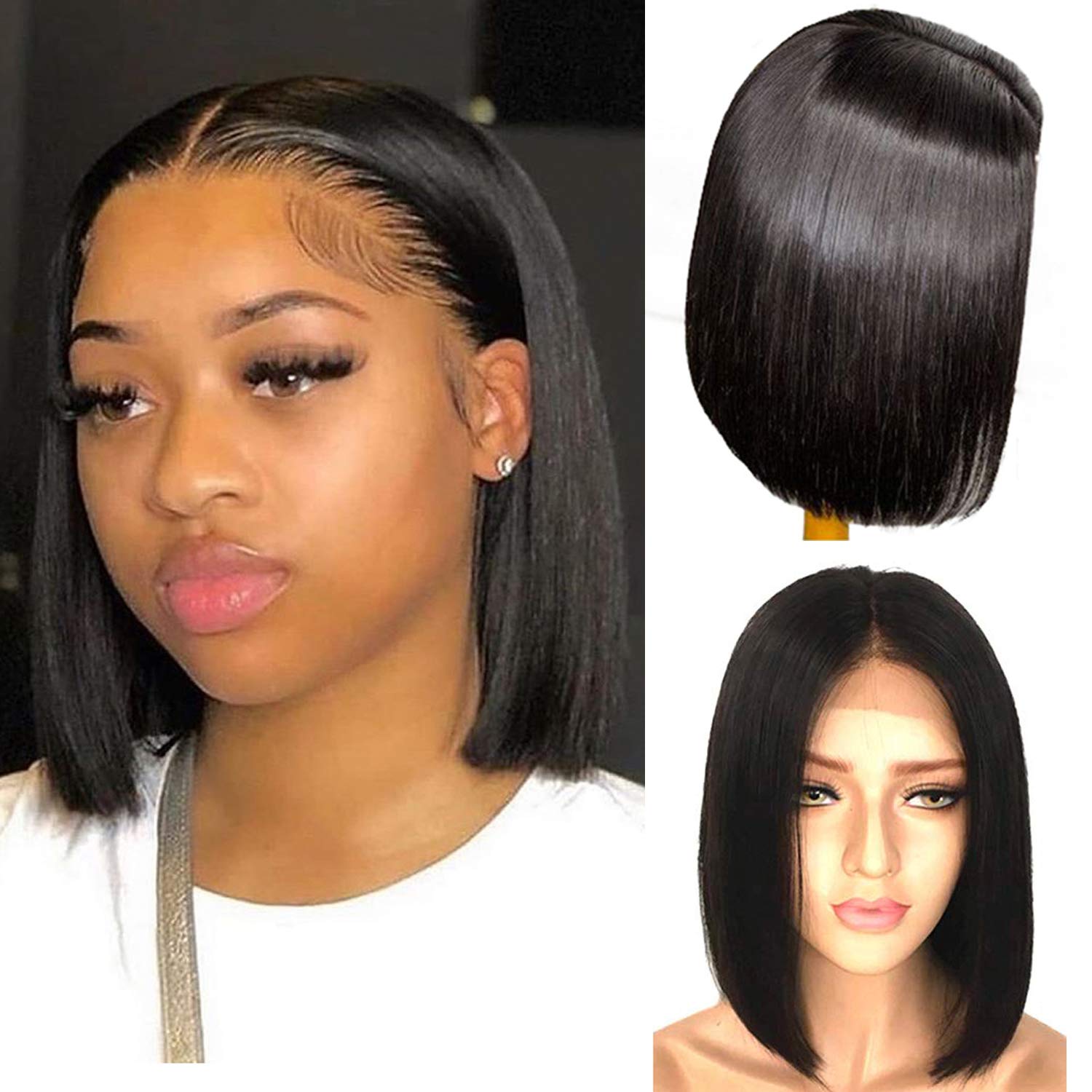Benafee Black Lace Front Human Hair Bob Wig Silky Straight