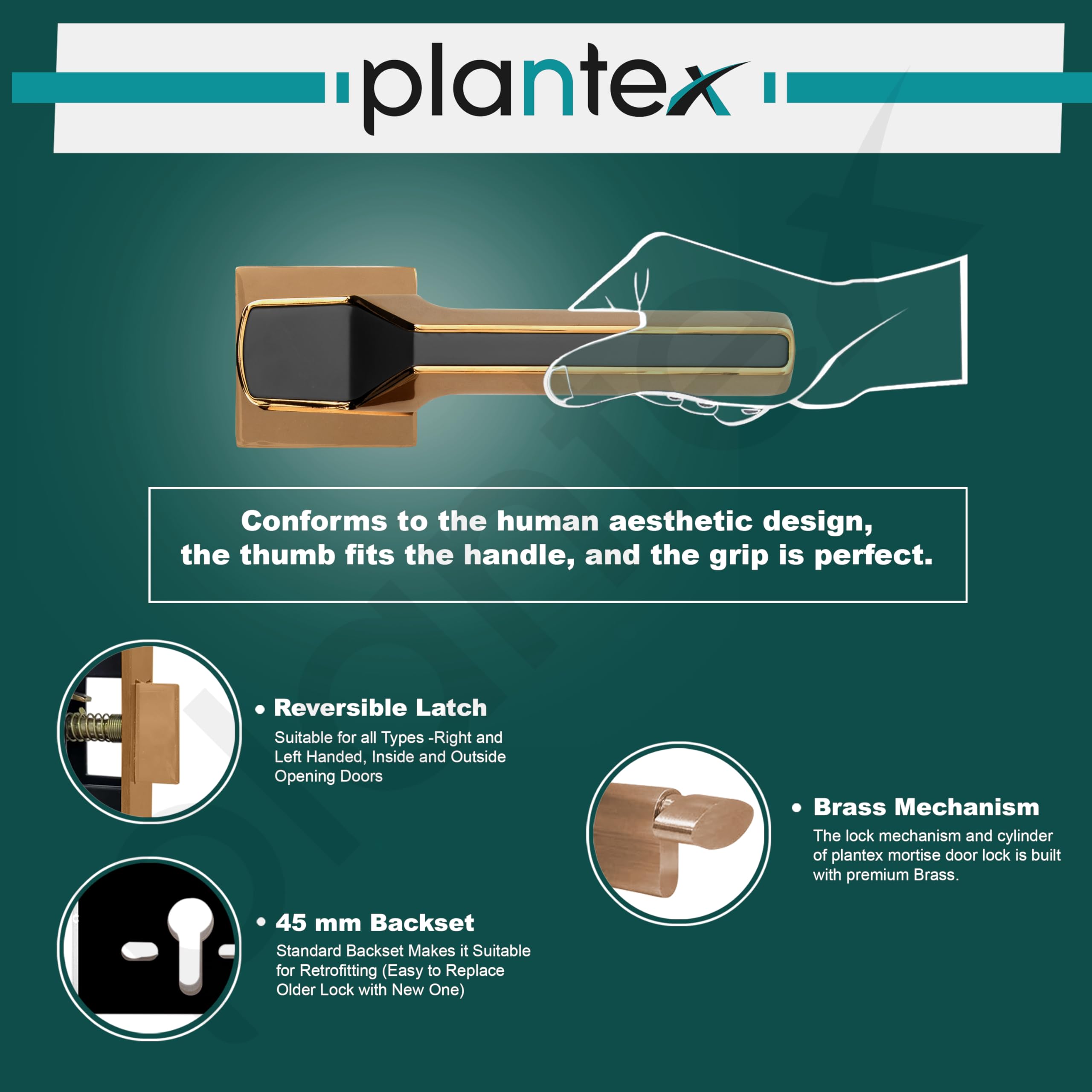 Plantex Mortise Lock - Rose Gold & Black Handle Set -6