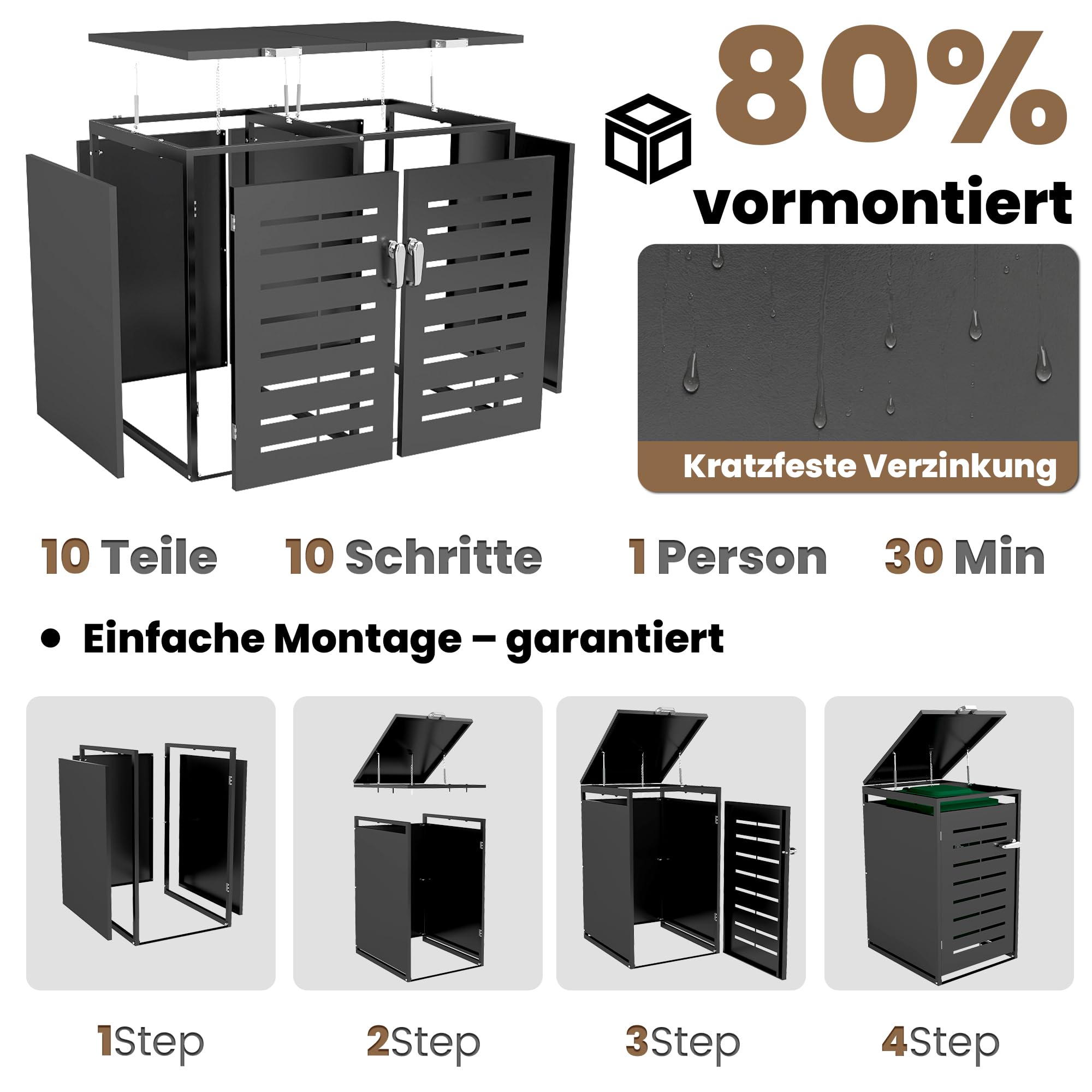Mülltonnenbox 4er 240L Verzinkter Stahl, Wetterfeste Mülltonnenverkleidung mit Gasdruckfedern & Müll-Aufkleber, Anthrazit (Lieferung: 4 Pakete, 2X A+2X B)