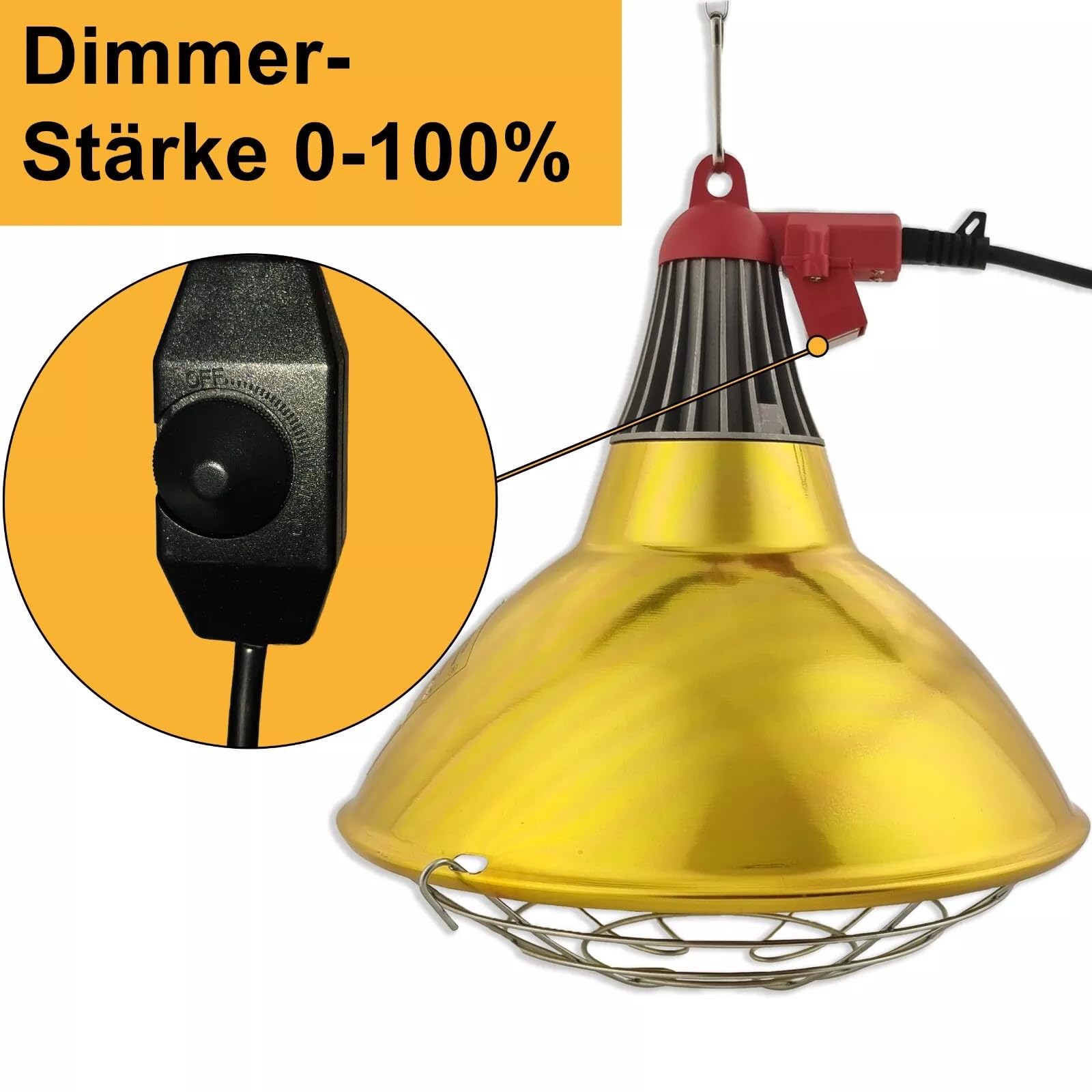 XXL Wärmestrahler 30 ⌀ Durchmesser mit Dimmer | 5 meter Kabel mit Infrarotlampe | Set 150 W Rotlichtlampe Wärmelampe E27 | Ferkellampe, Kückenlampe, Wärmelampe Tiere Hühner Infrarot Heizstrahler