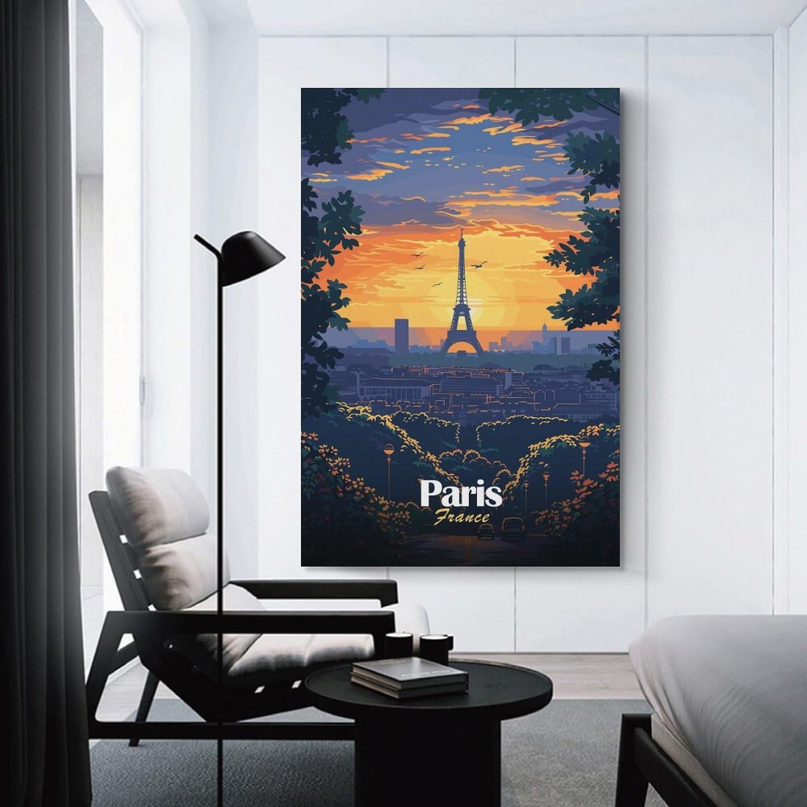 Junmoney Unframe-Style-10 Decorative Wall Artwork Paris Sunset Skyline, 24X36inch(60X90cm), For Calm Bedrooms, Home Corners Or Flats, An Easy Wall Refresh For Bedrooms