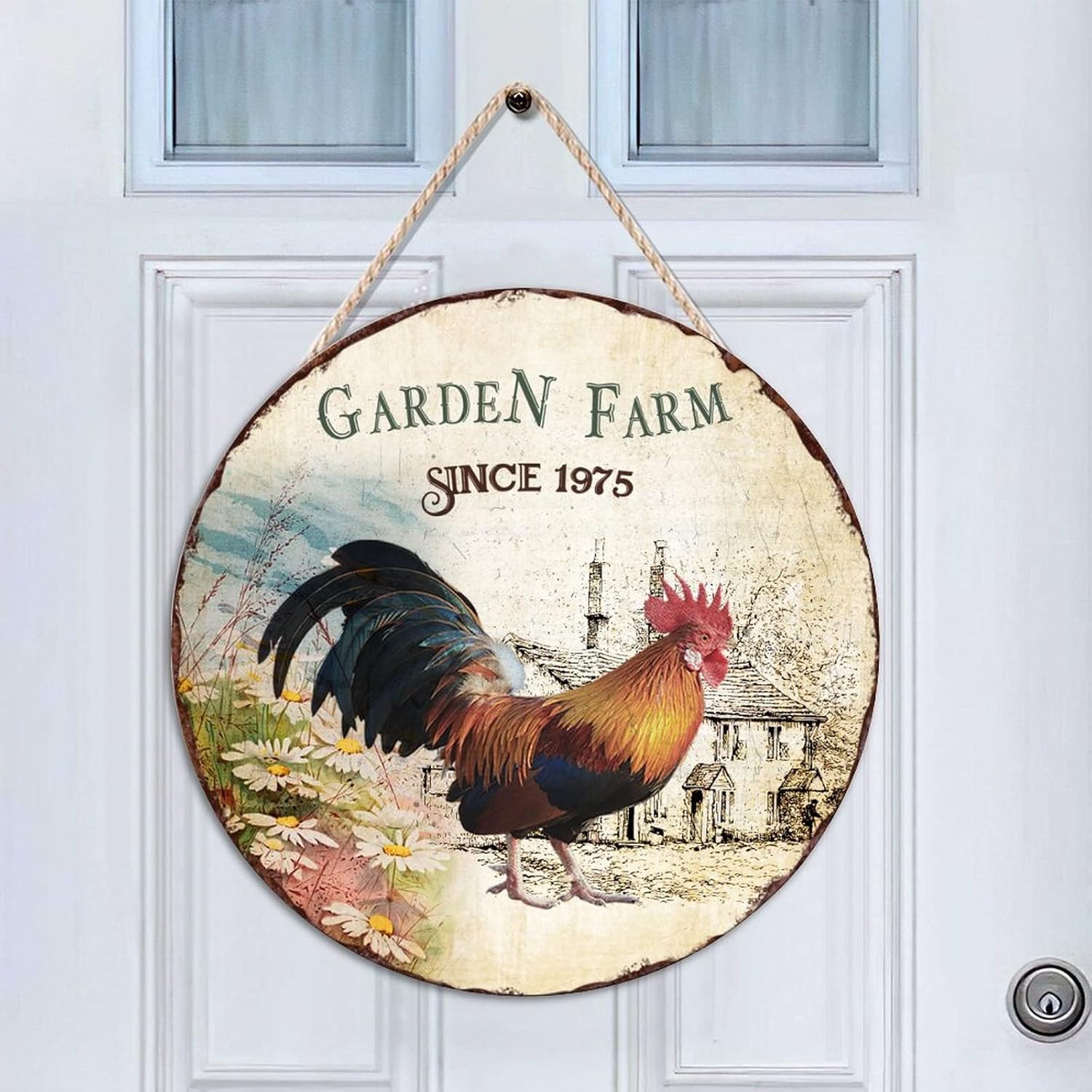 Chicken Front Door Round Wood Sign, Garden Farm Since 1975 Wood Door Sign, Art Font 16x16in Wall Hanging Sign Plaque for Front Door Farmhouse Porch Housewarming Gifts